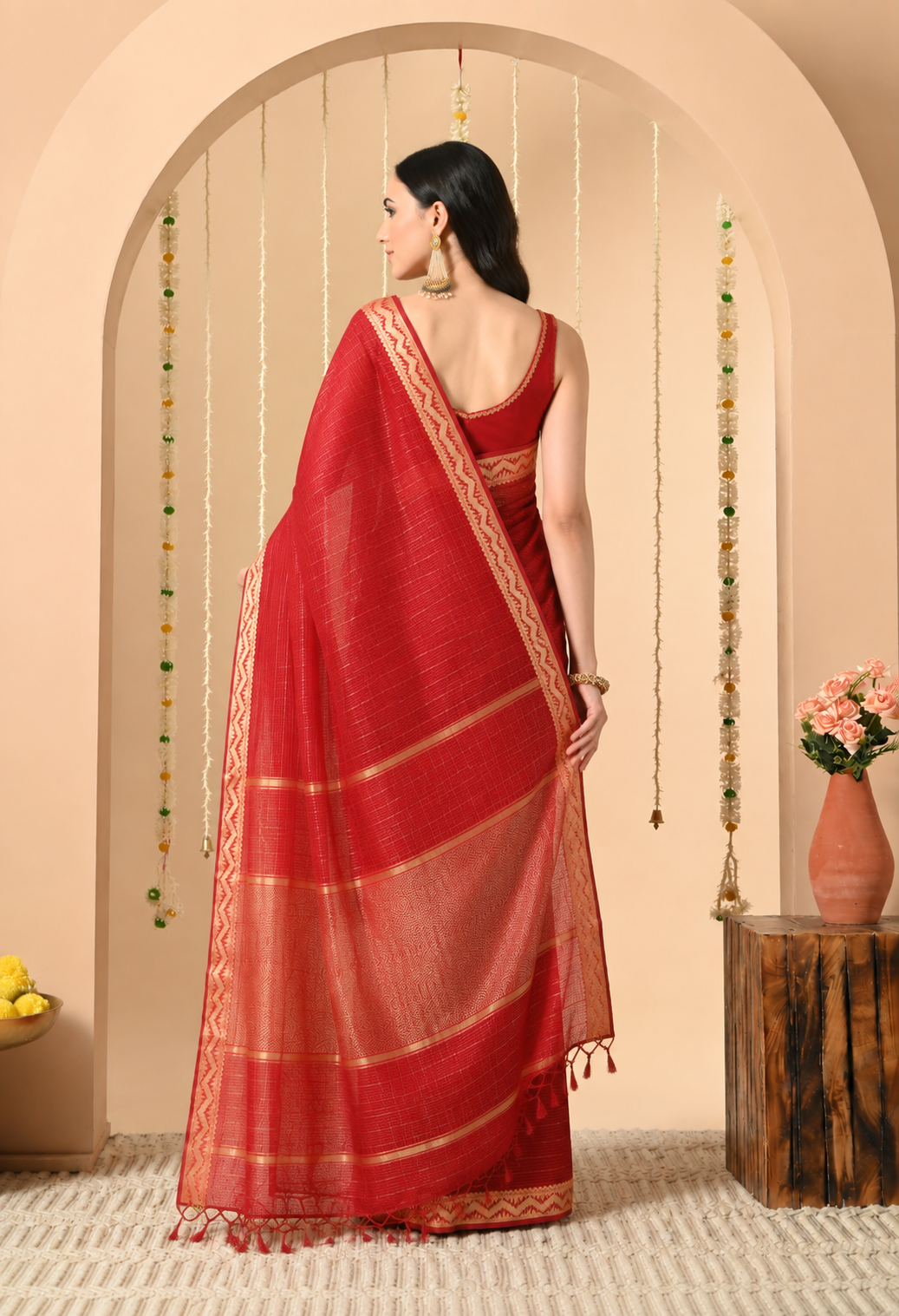 Women Red Cotton Saree with Woven Geometric Border