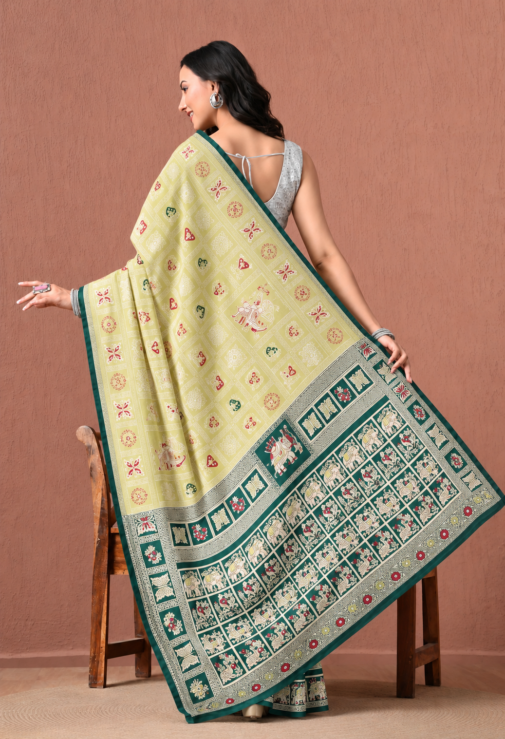 Elegant Lime Green Printed Saree with Teal Traditional Border & Pallu