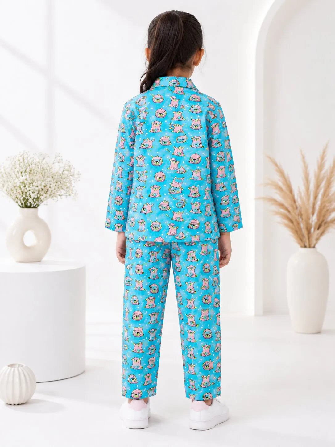 Girls  Pure Cotton Blue & Pink Puppy Print Night Suit