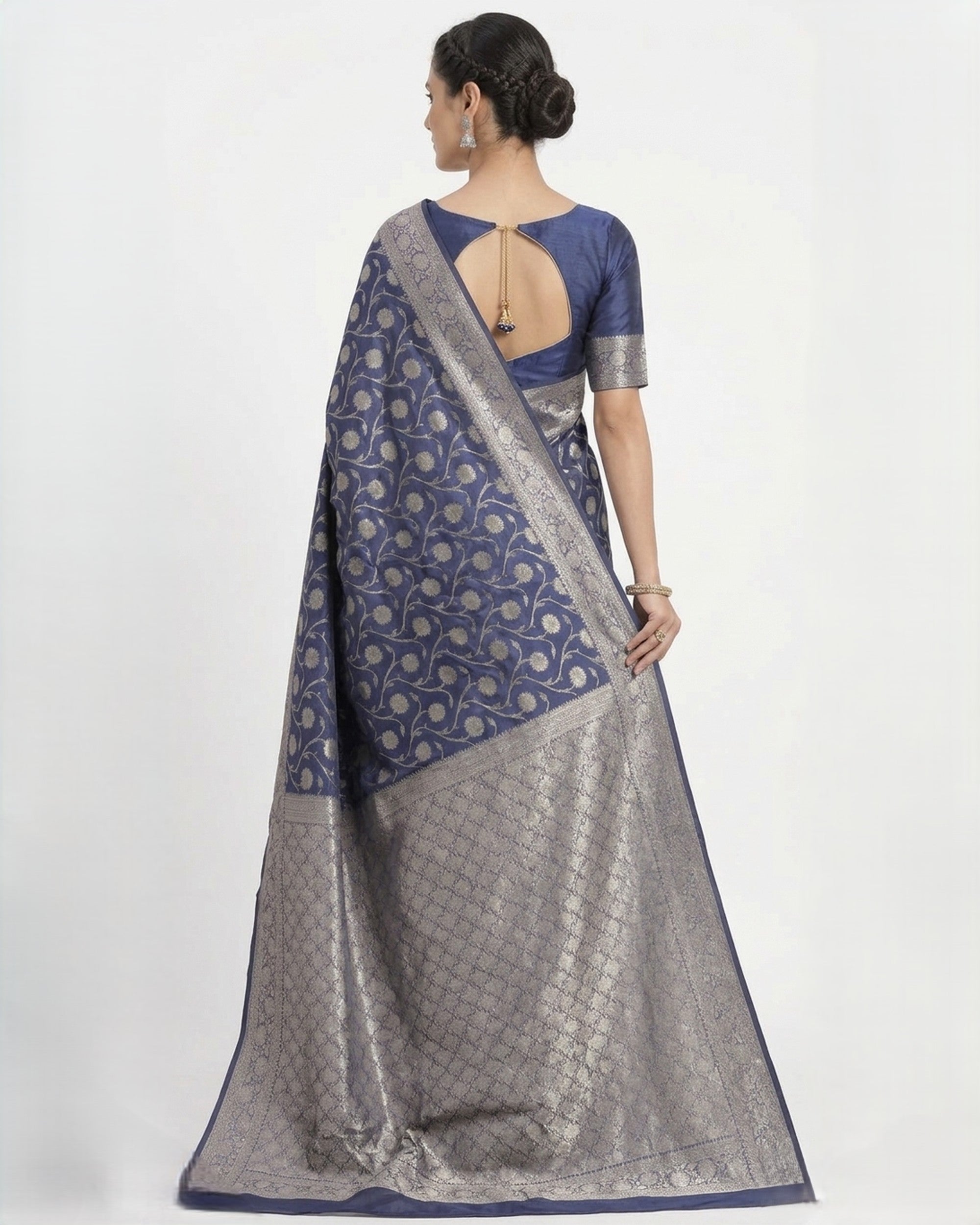 Navy Blue & Silver-Toned Silk Blend Floral Zari Woven Banarasi Saree