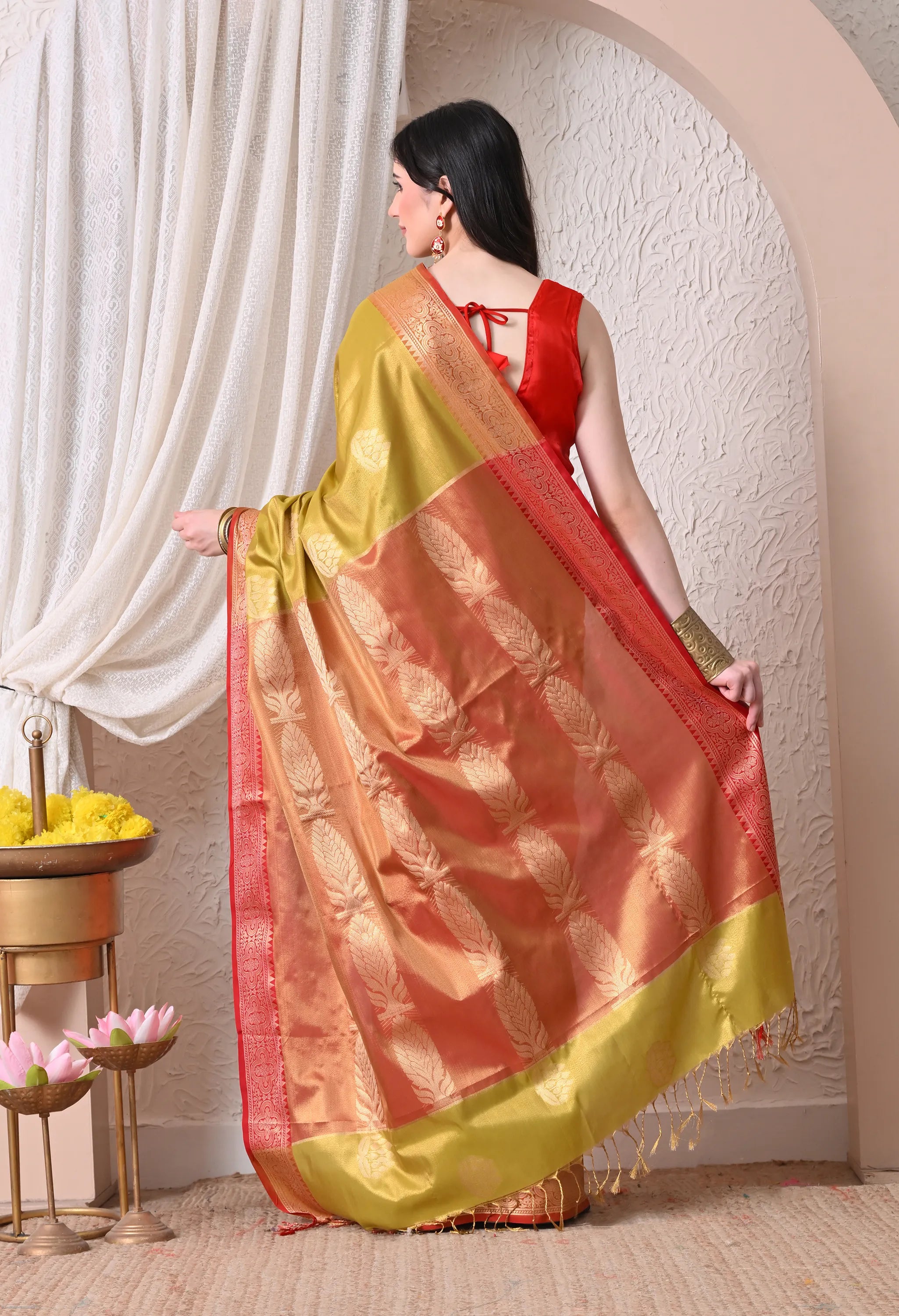 Elegant Olive Green and Crimson Silk Blend Kanjivaram Style Saree