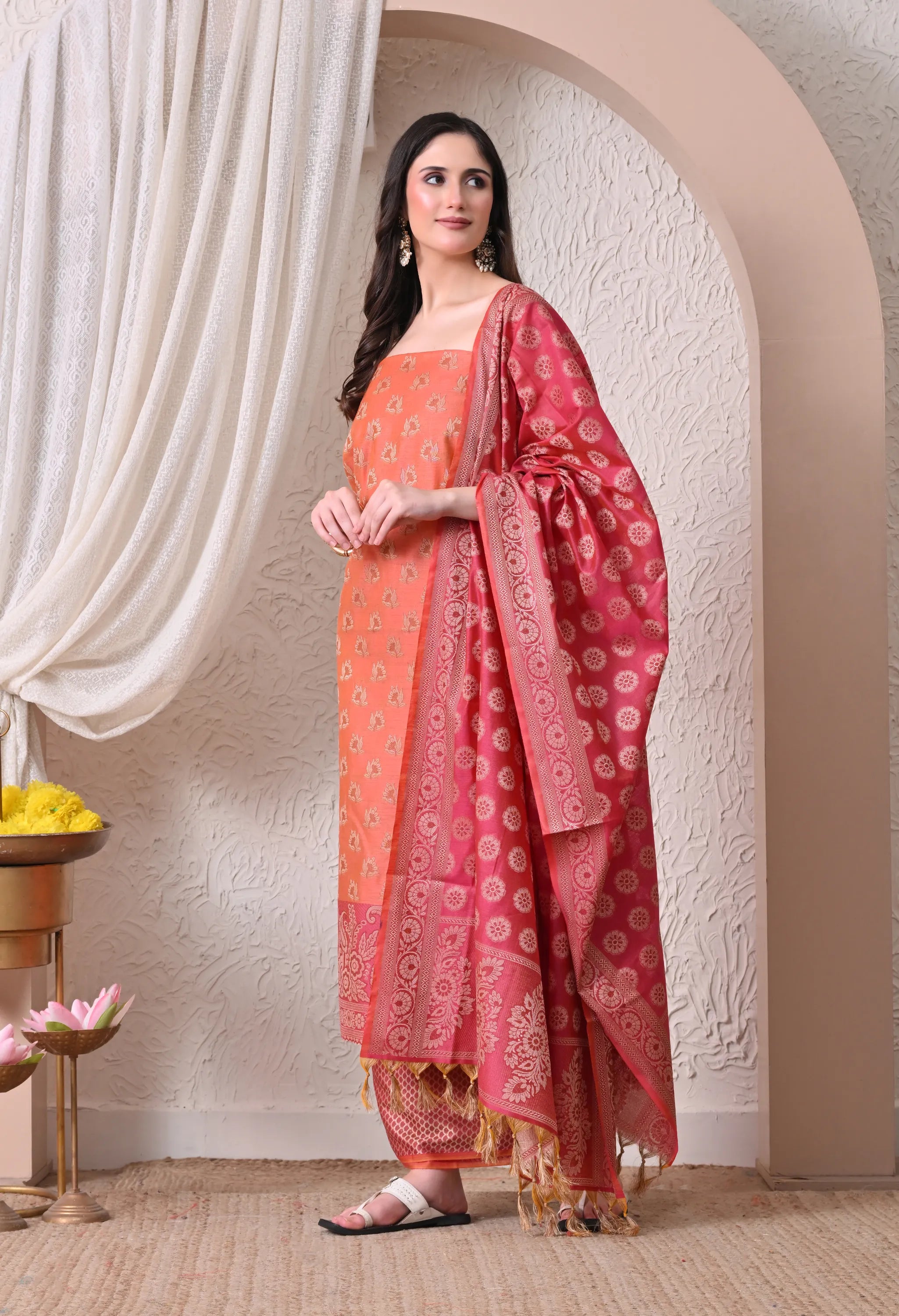 Elegant Peach and Magenta Woven Silk Unstitched Salwar Suit Material with Banarasi Style Dupatta