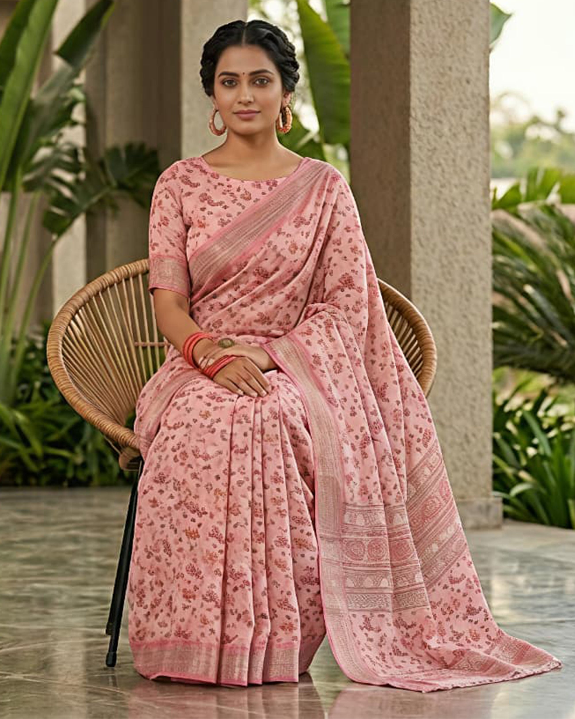 Pink & Red Floral Printed Pure Cotton Saree with Zari Border
