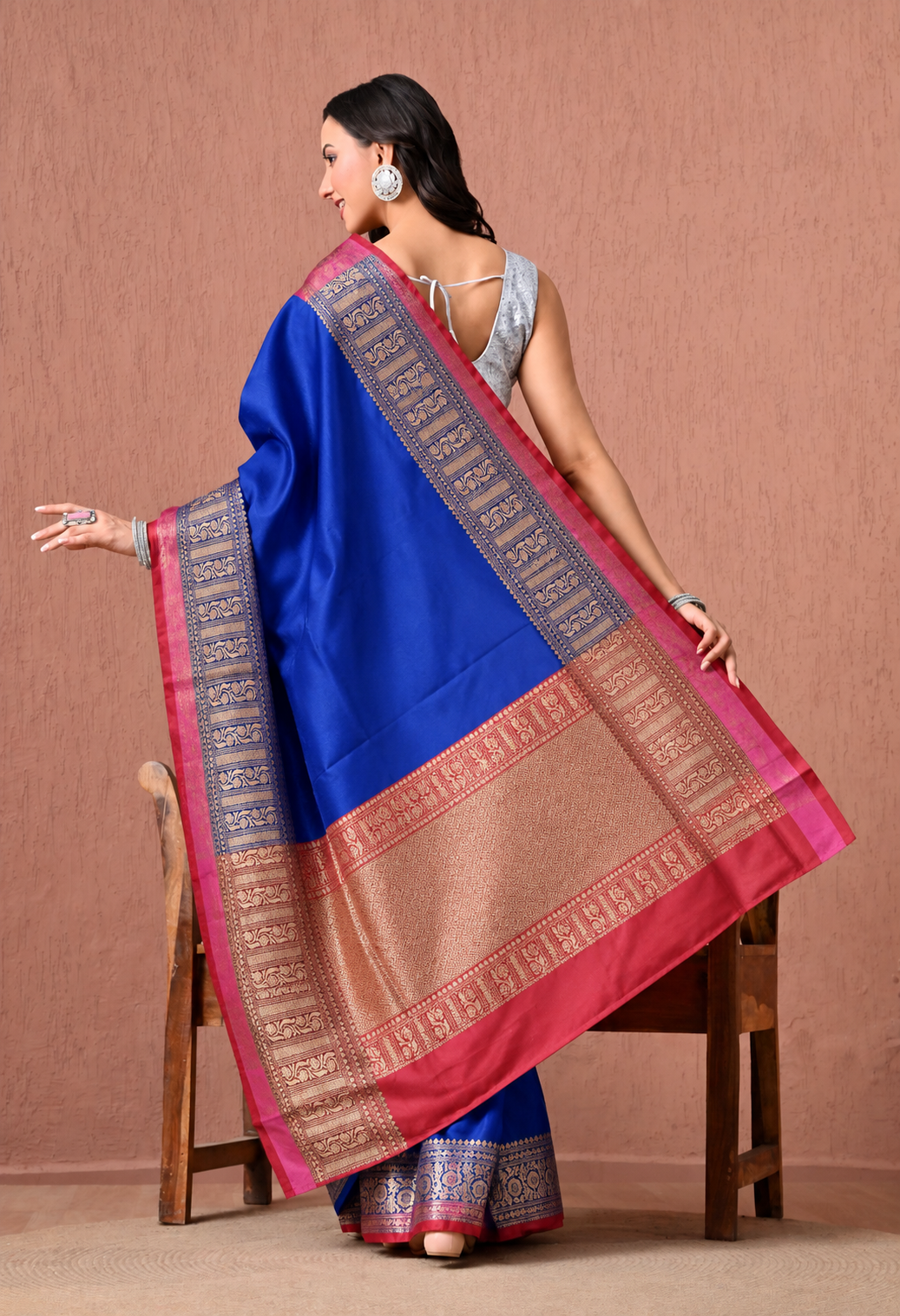 Royal Blue and Magenta Pink Silk Blend Woven Zari Border Saree