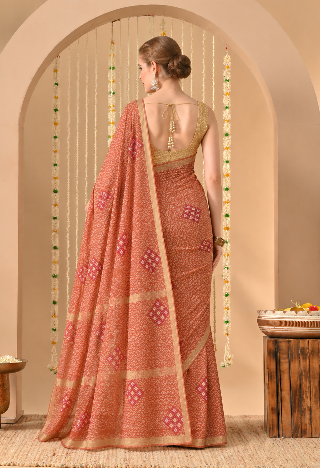 Elegant Rust Orange Chiffon Saree with Traditional Printed Motifs