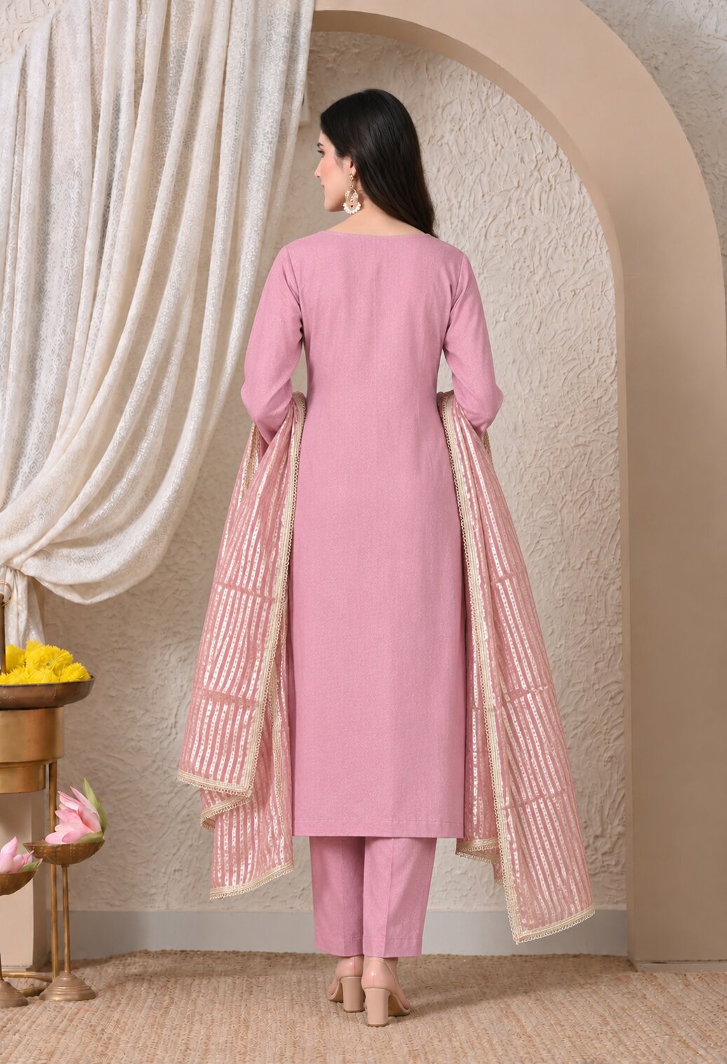 Pink Chanderi Silk Embroidered Straight Suit Set with Organza Dupatta for Women