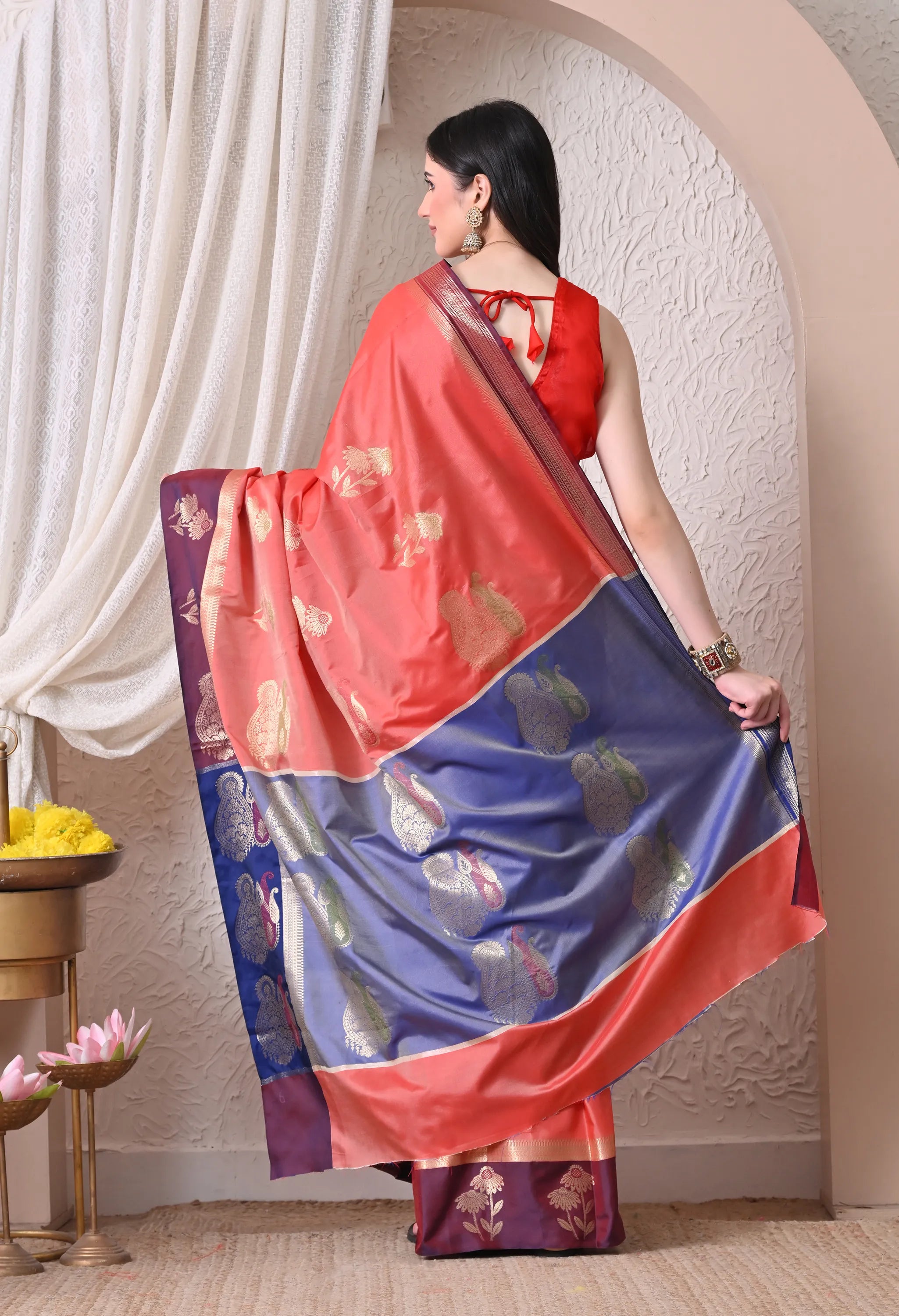 Vibrant Peach-Coral and Deep Wine Silk Blend Saree