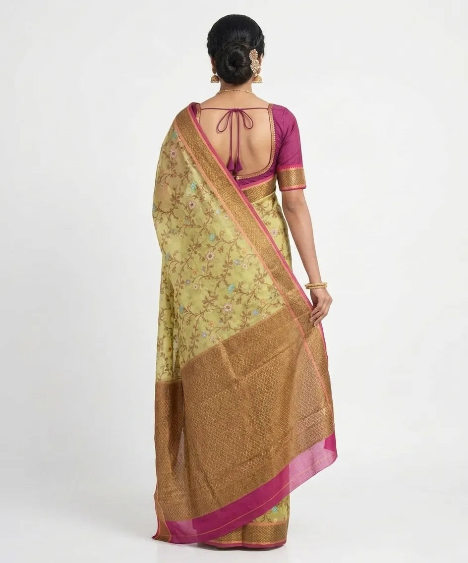 Olive Green & Magenta Floral Woven Design Silk Blend Saree