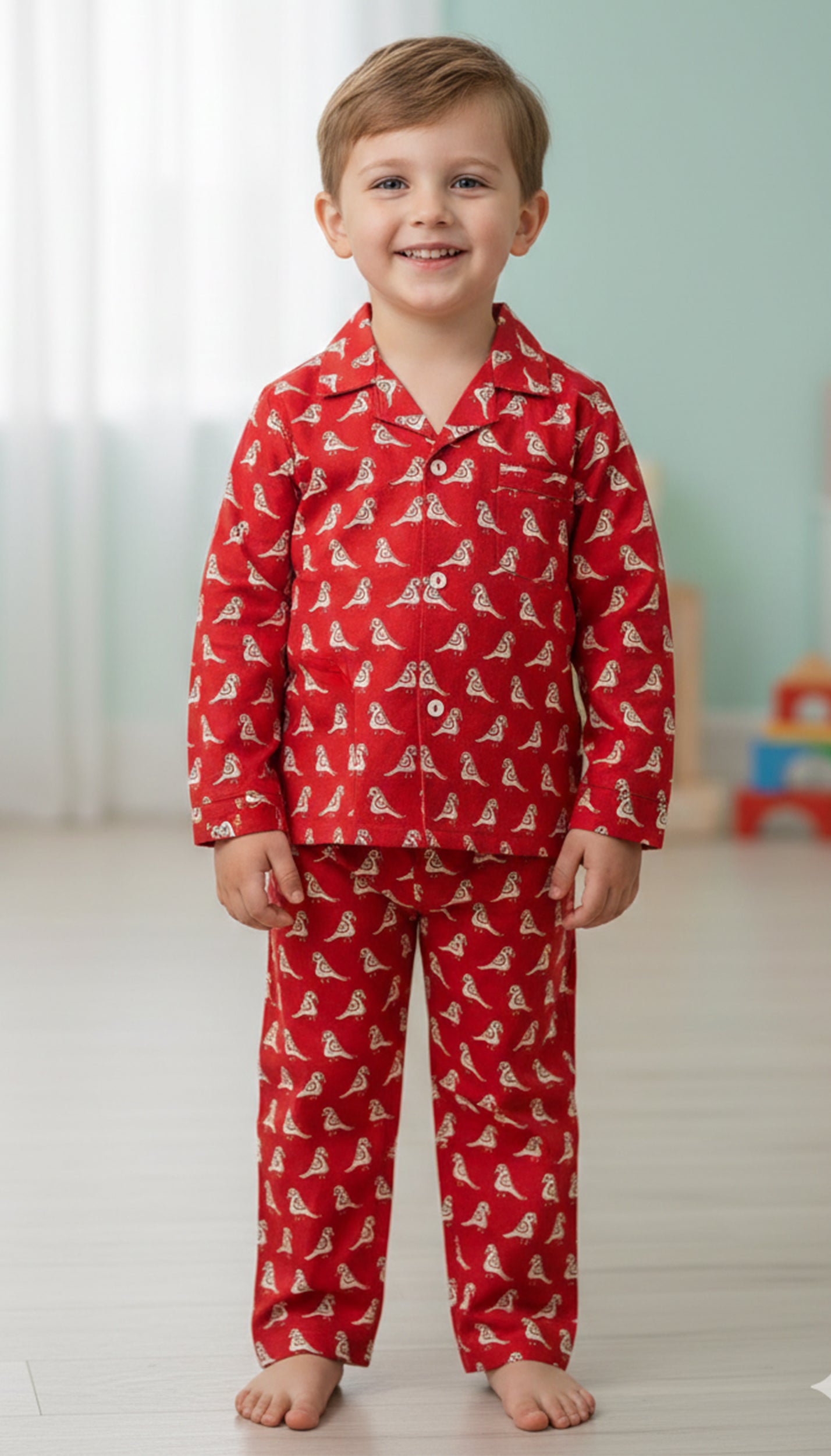 Boys Red & White Bird Print Cotton Night Suit
