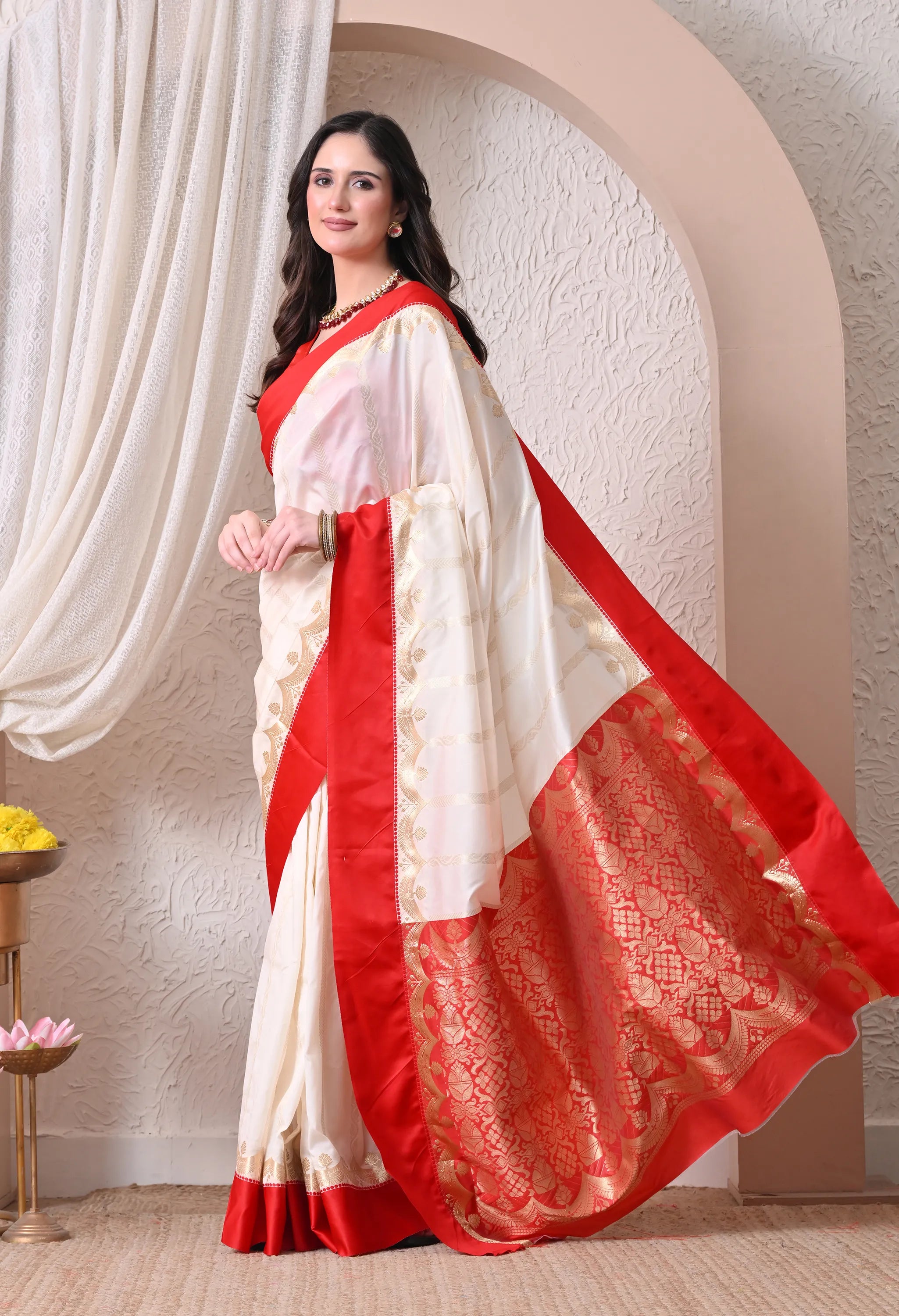 Festive Off-White and Crimson Red Silk Blend Saree