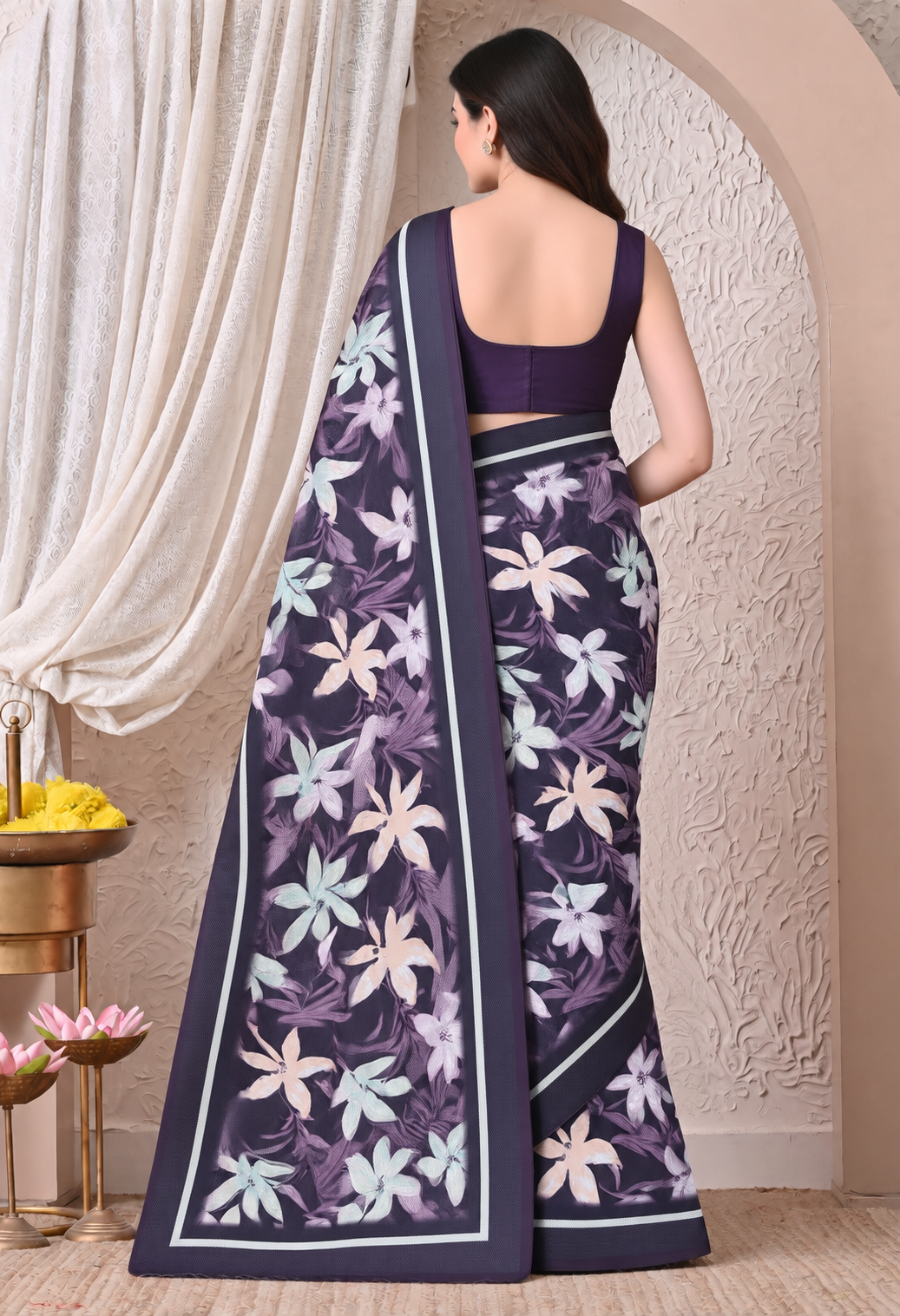 Elegant Purple Chiffon Saree with Floral Print and Designer Border