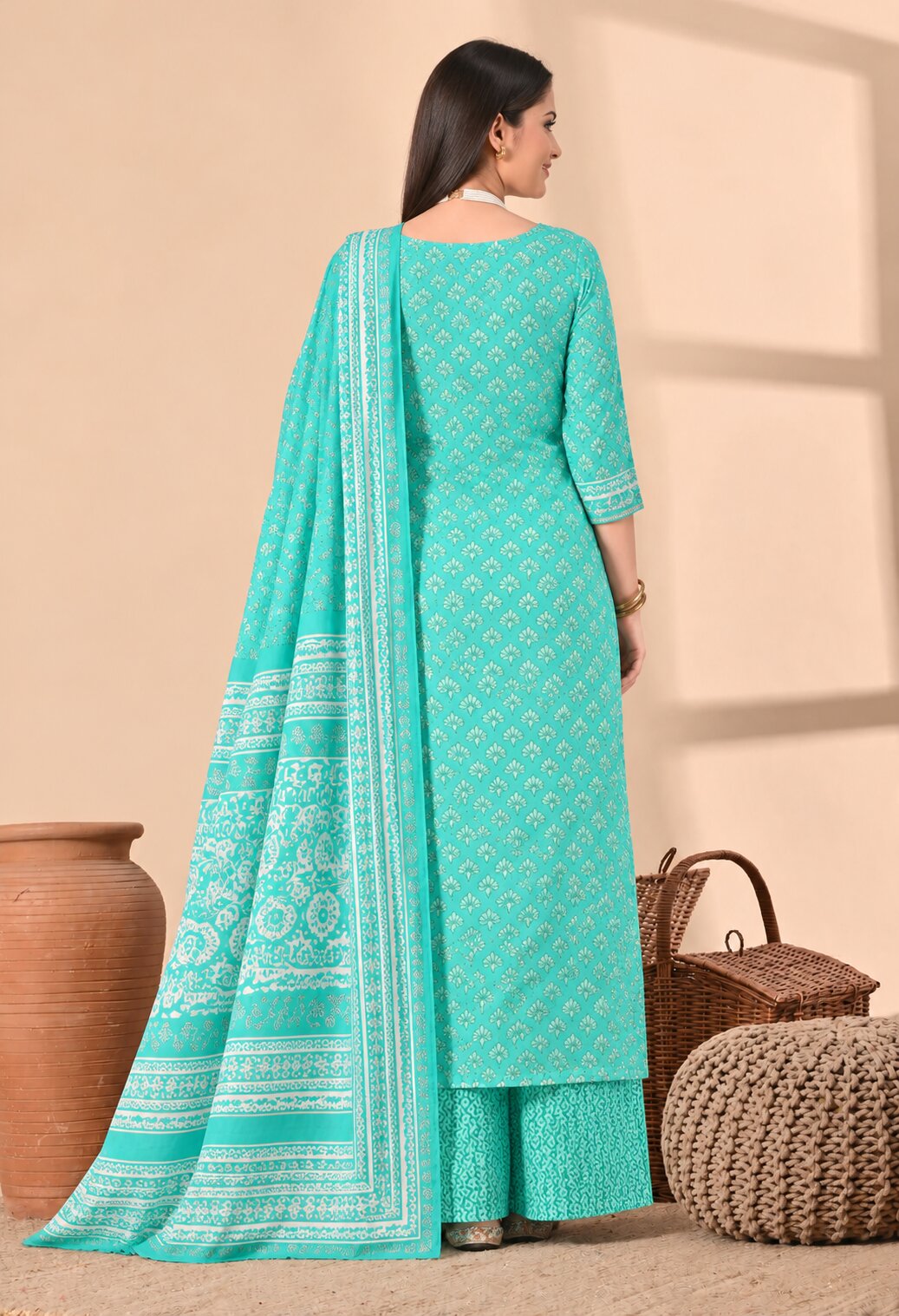Sea Green Cotton Printed Suit Set with Matching Cotton Dupatta