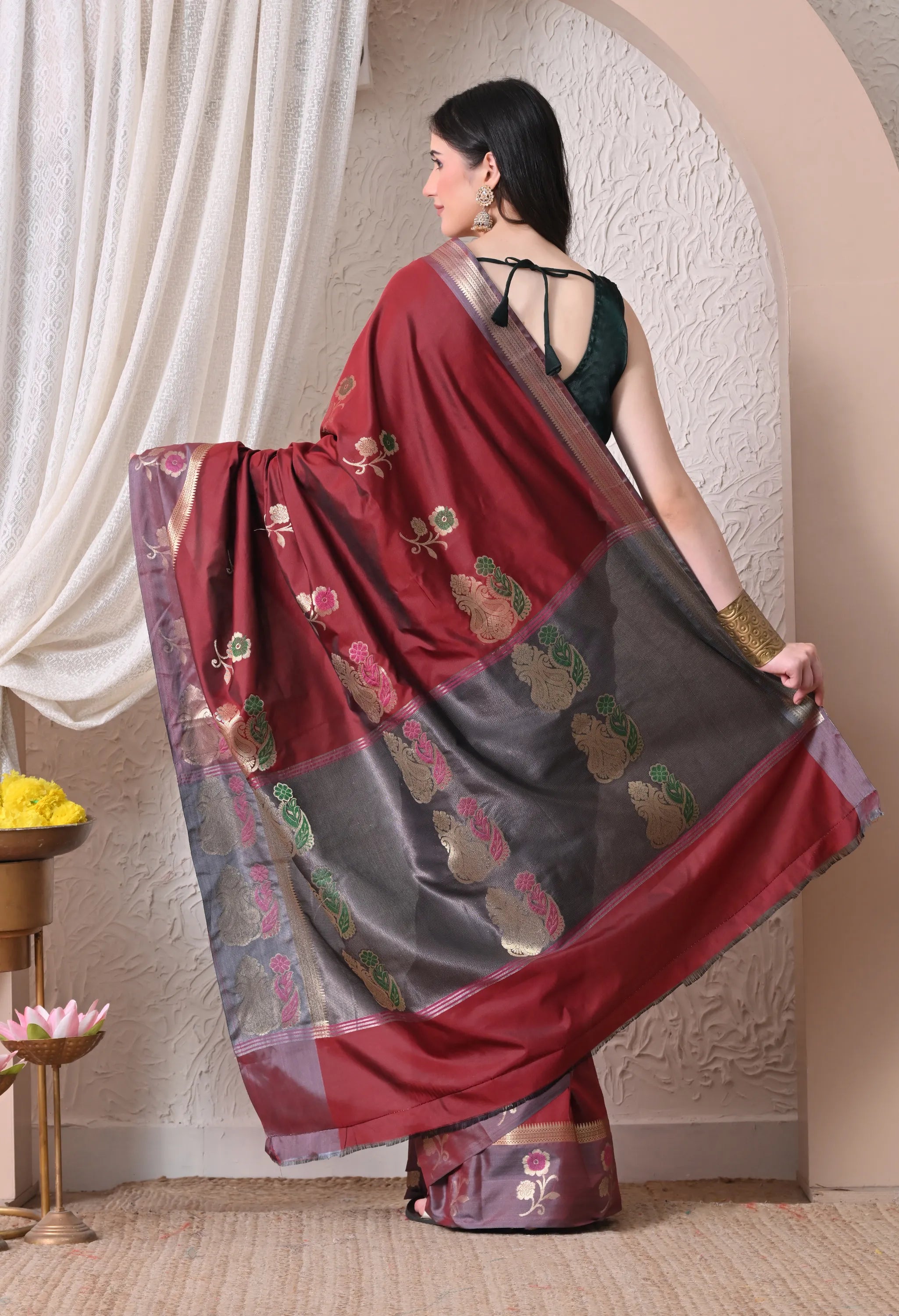 Maroon and Grey Silk Blend Floral Saree