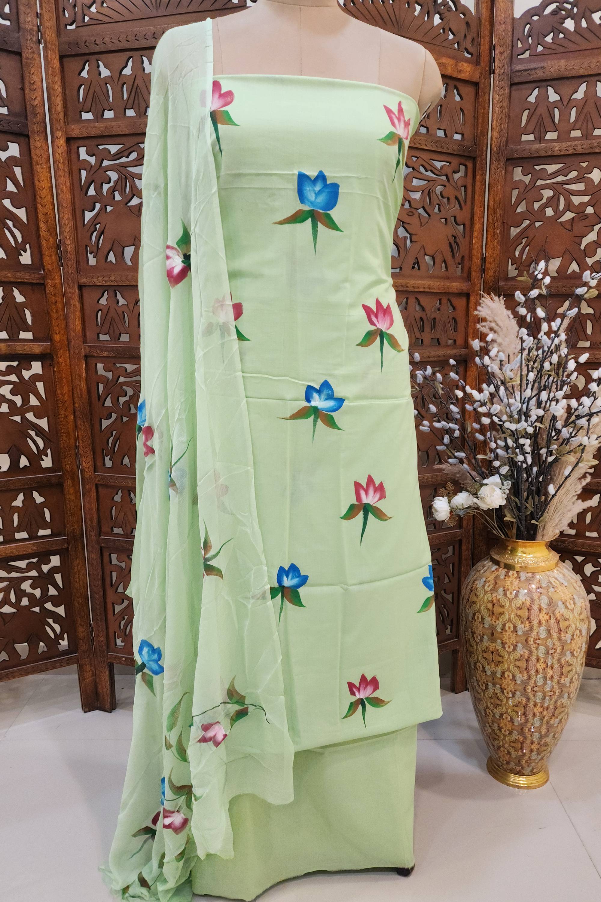 Women Sea Green Printed Pure Cotton Unstitched Dress Material with Chiffon Dupatta