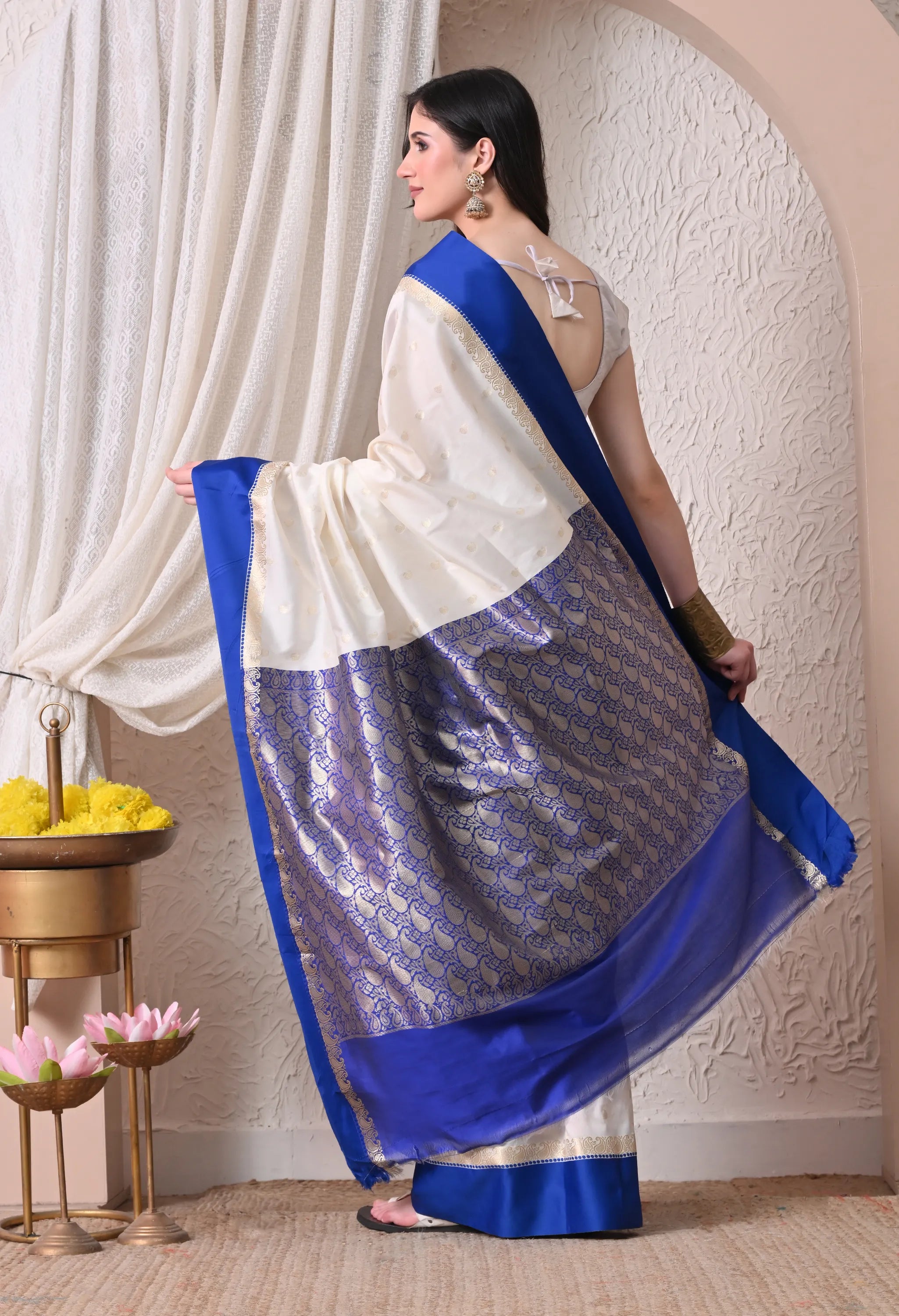 Graceful Off-White and Royal Blue Silk Blend Saree