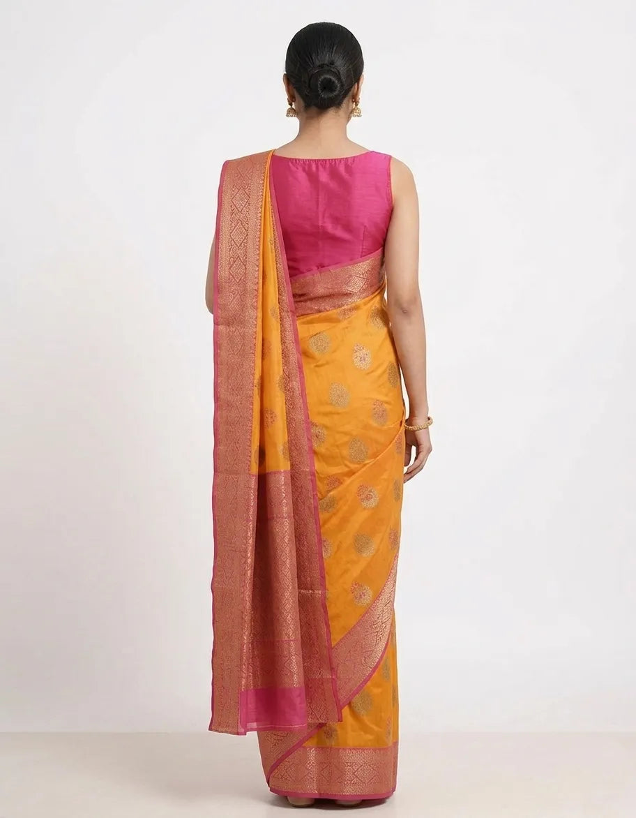 Mustard Yellow & Pink Woven Design Silk Blend Banarasi Saree