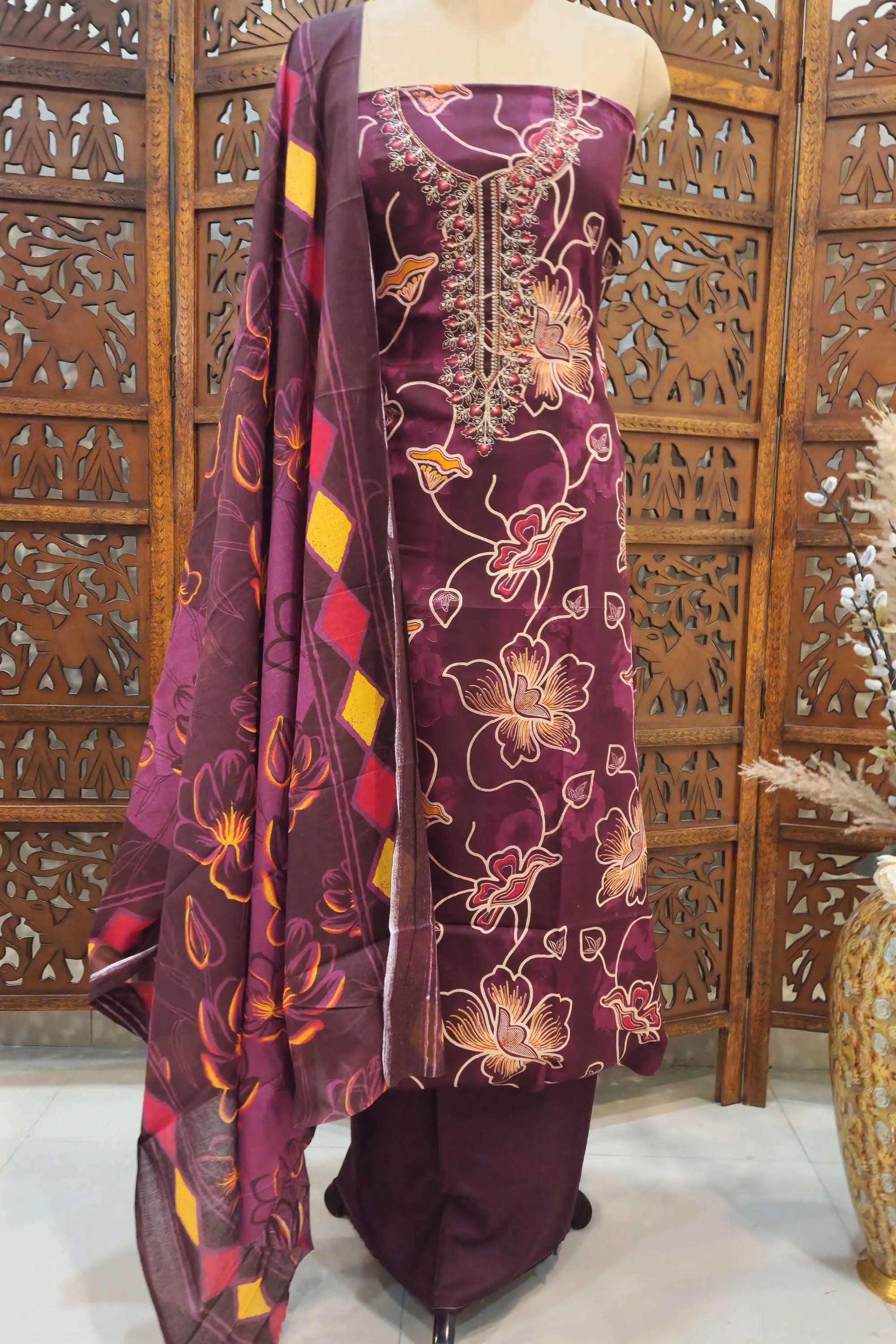 Women Maroon & Yellow Floral Printed Pure Cotton Unstitched Dress Material with Embroidered Neck