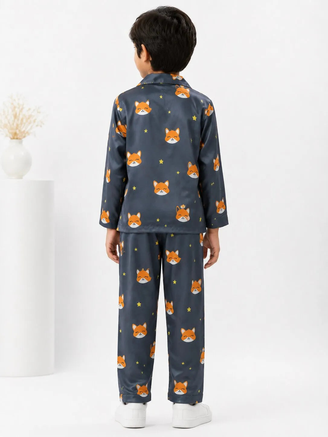 Kids Navy Blue Fox Print Satin Pajama Set
