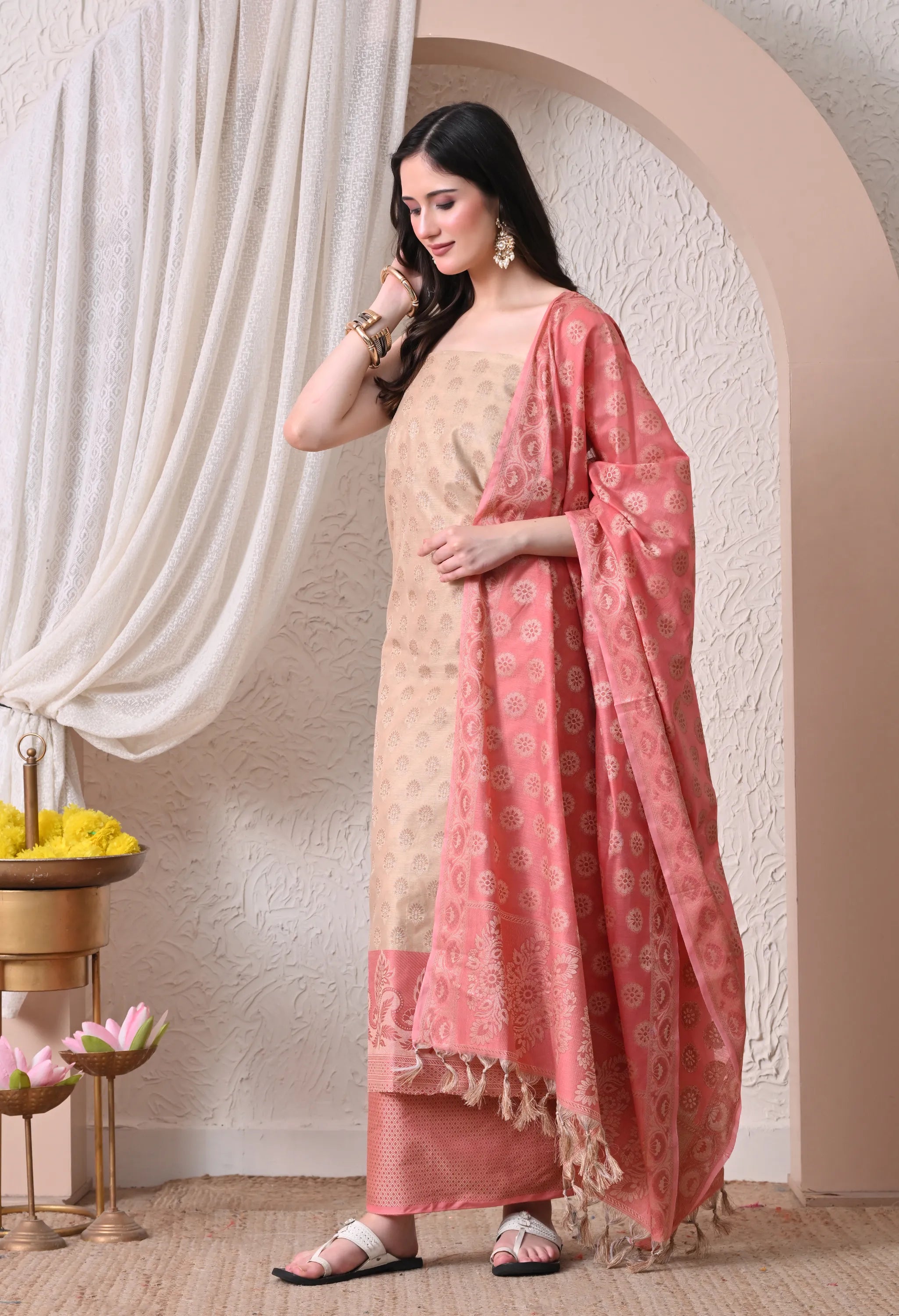 Elegant Beige and Pink Woven Silk Unstitched Salwar Suit Material with Banarasi Style Dupatta