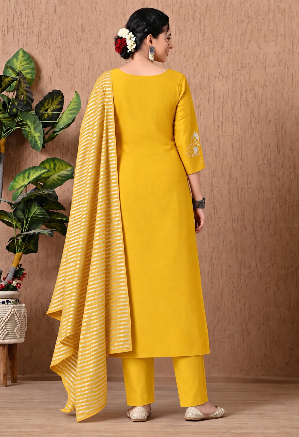 Mustard Yellow Chanderi Silk Floral Embroidered Suit Set with Organza Dupatta