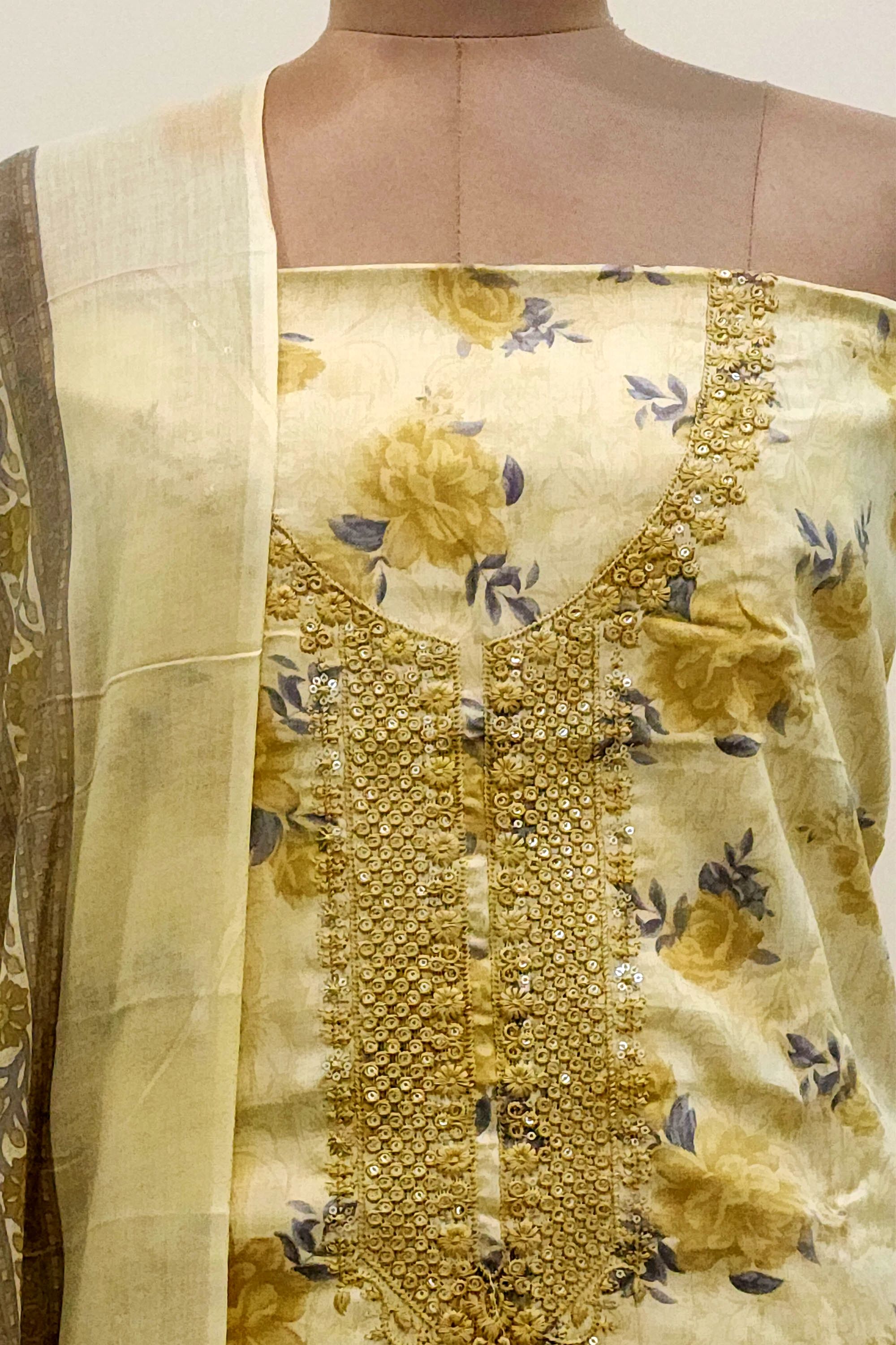 Women's Yellow Floral Printed Cotton Unstitched Suit Set