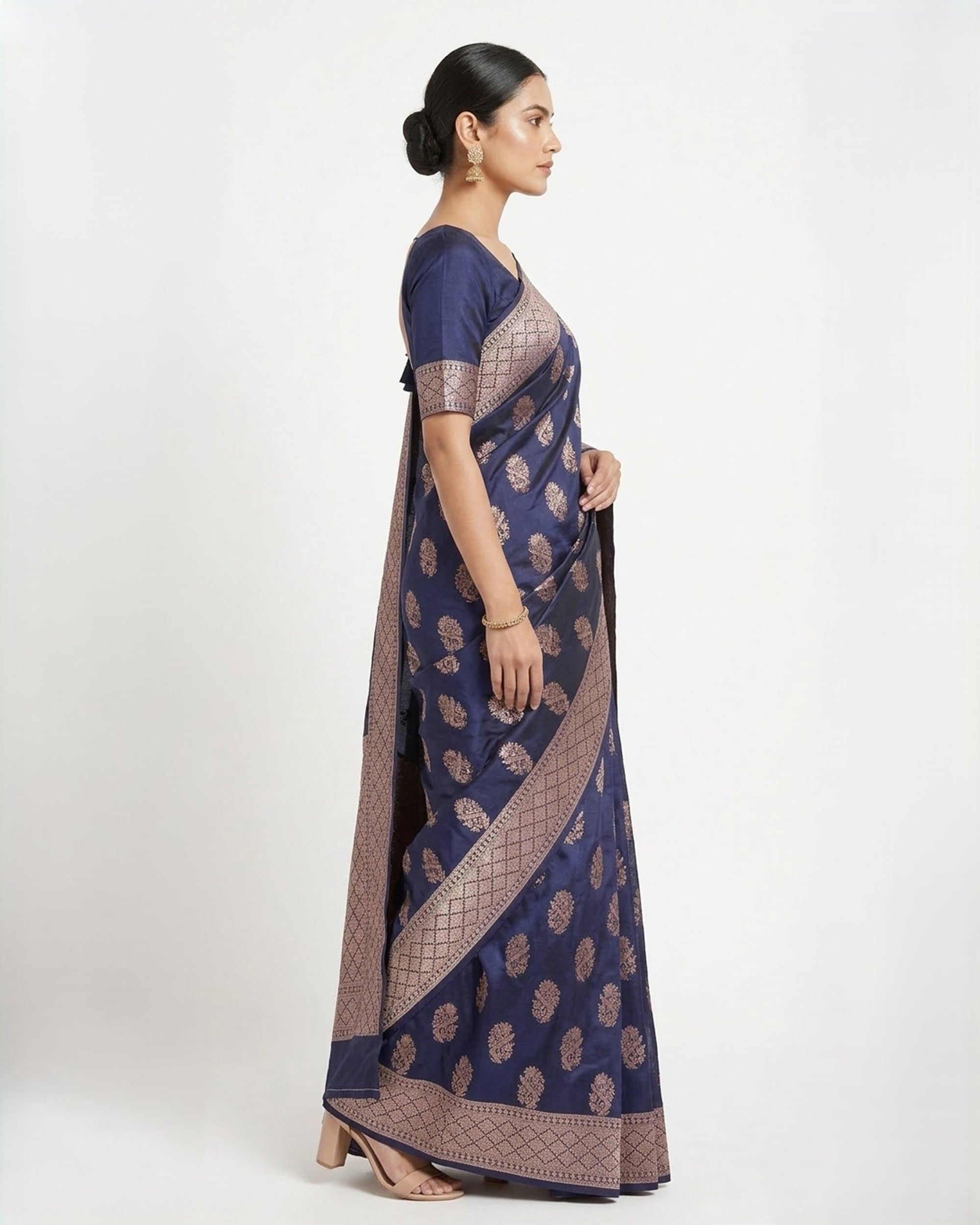 " Navy Blue & Gold-Toned Floral Woven Design Zari Silk Saree "
