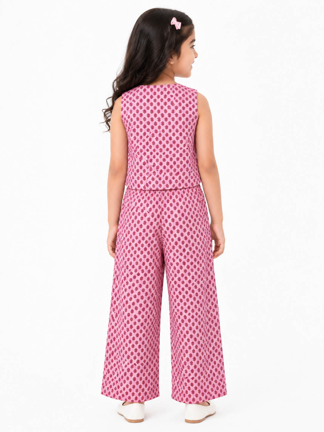 Girls Pure Cotton Tiny Motif Printed Vest Style Crop Top and Wide-Leg Trousers Co-Ord Set