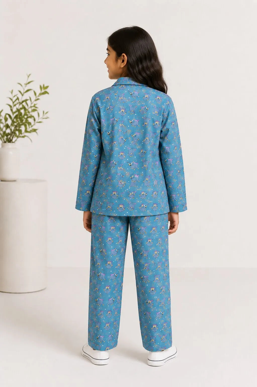 Teal Blue & Grey Hedgehog Print Pure Cotton Girls Night Suit