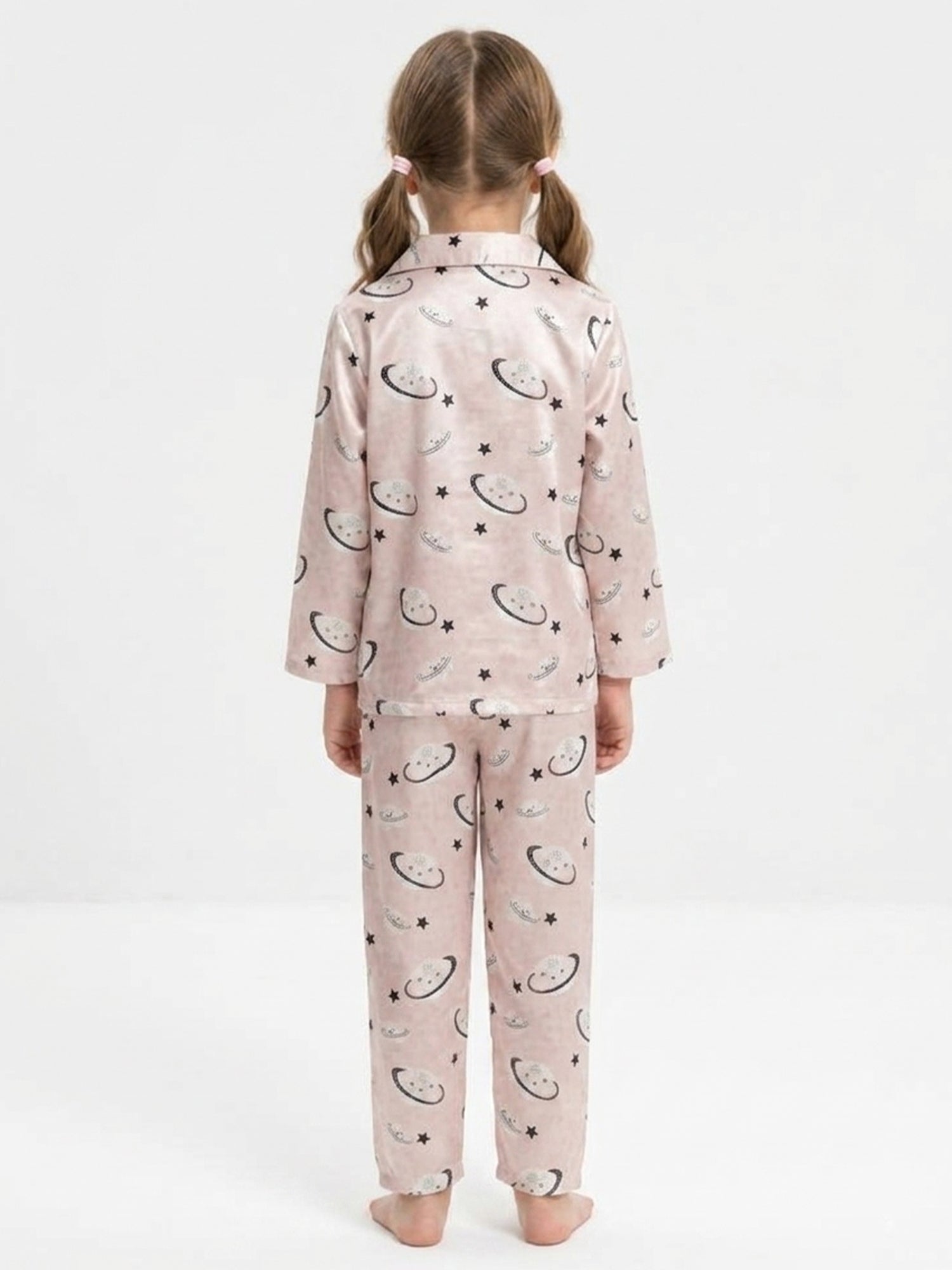 Girls Pink Celestial Printed Satin Night Suit Set