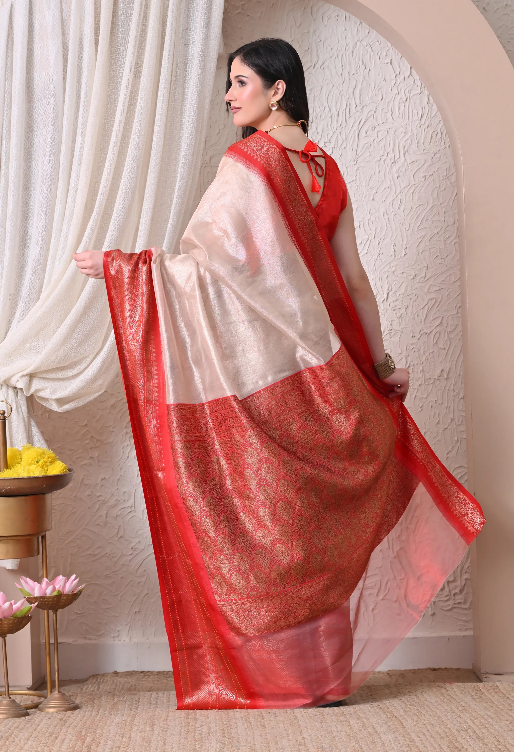 Silk Blend Saree in Ivory White & Vermilion Red