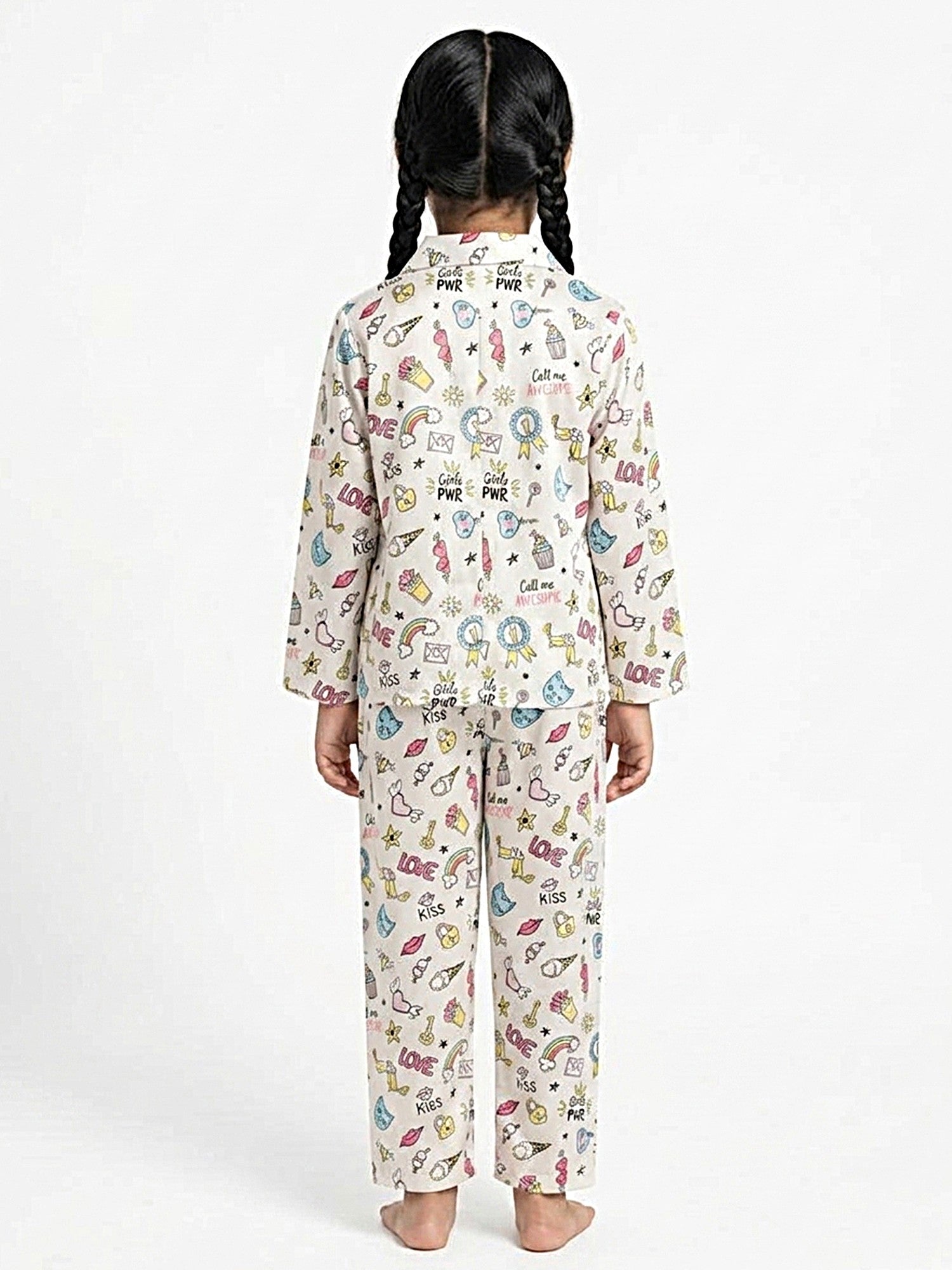 Girl Pearl White & Multicolor Graphic Printed Satin Nightwear Set