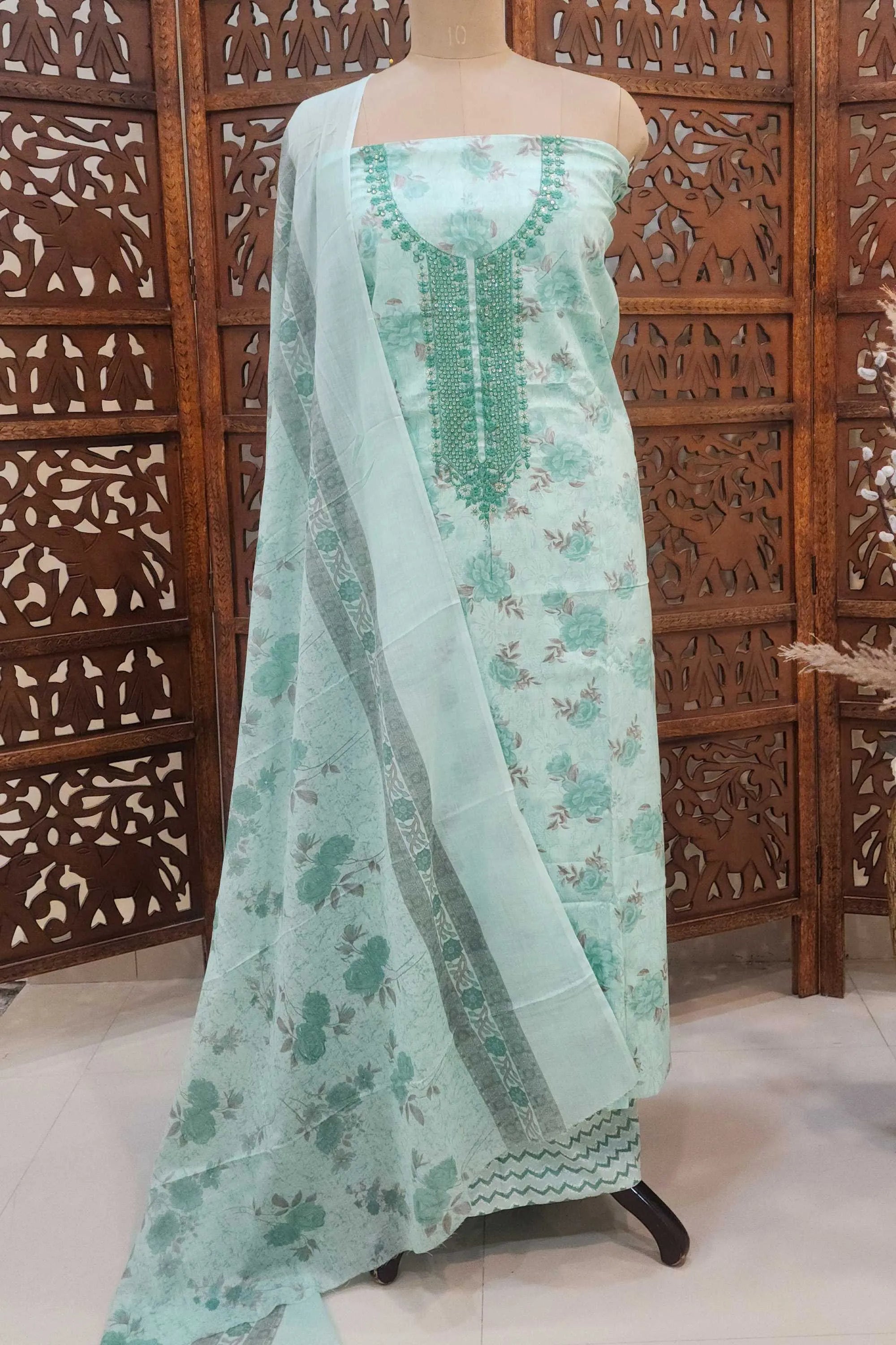 Sea Green & Sage Floral Printed Unstitched Cotton Dress Material with Embroidered Neckline
