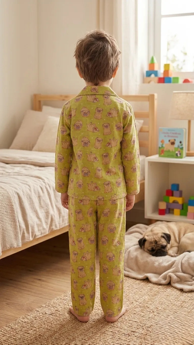Kids Olive Green & Beige Pug Print Night Suit