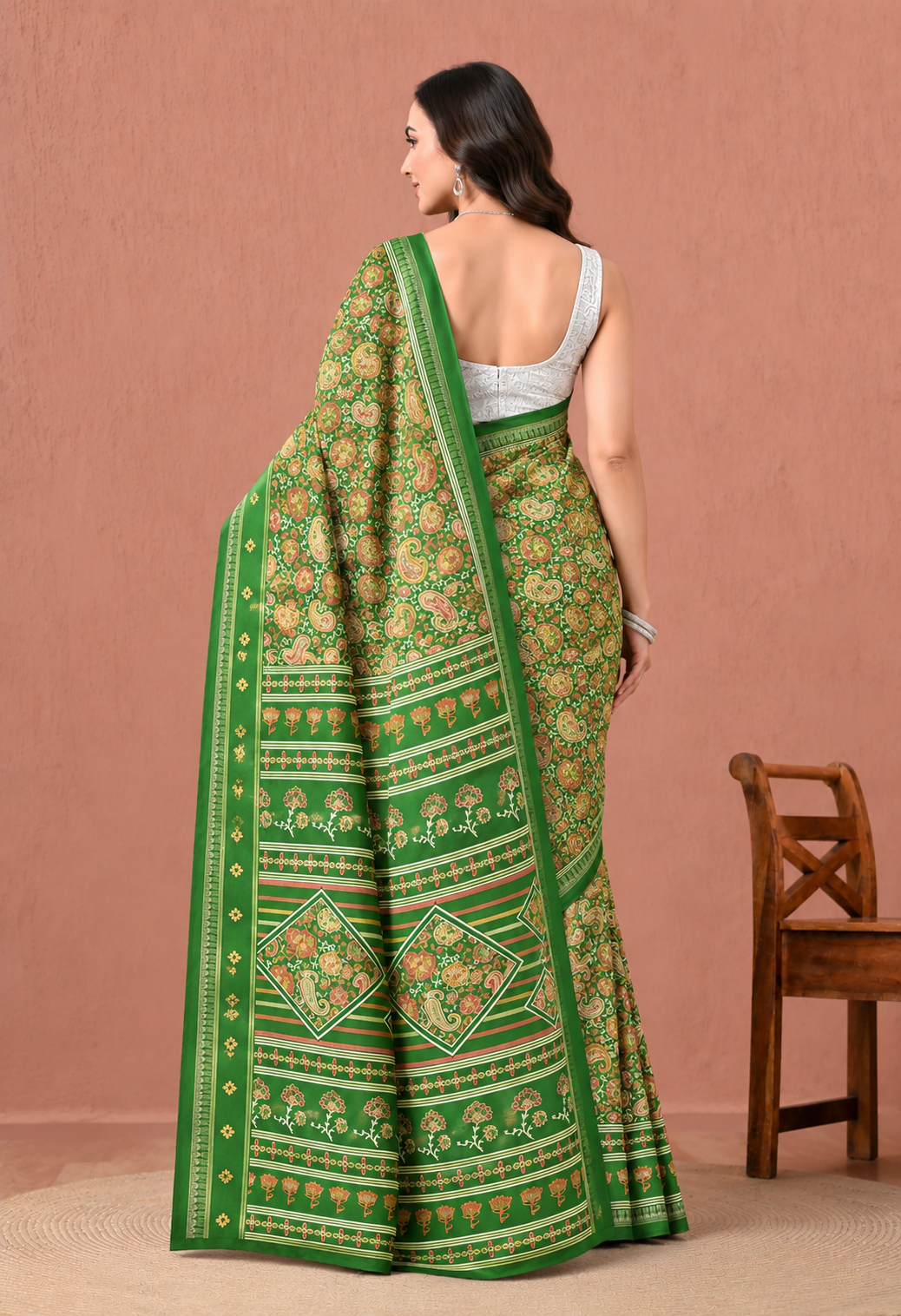 Elegant Green Georgette Saree with Intricate Floral Print and Traditional Border