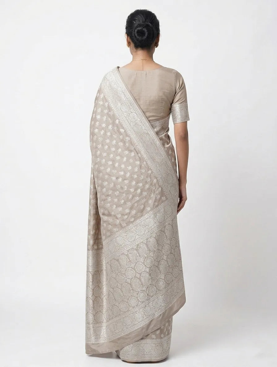 Champagne & Silver-Toned Floral Woven Design Banarasi Saree with Unstitched Blouse