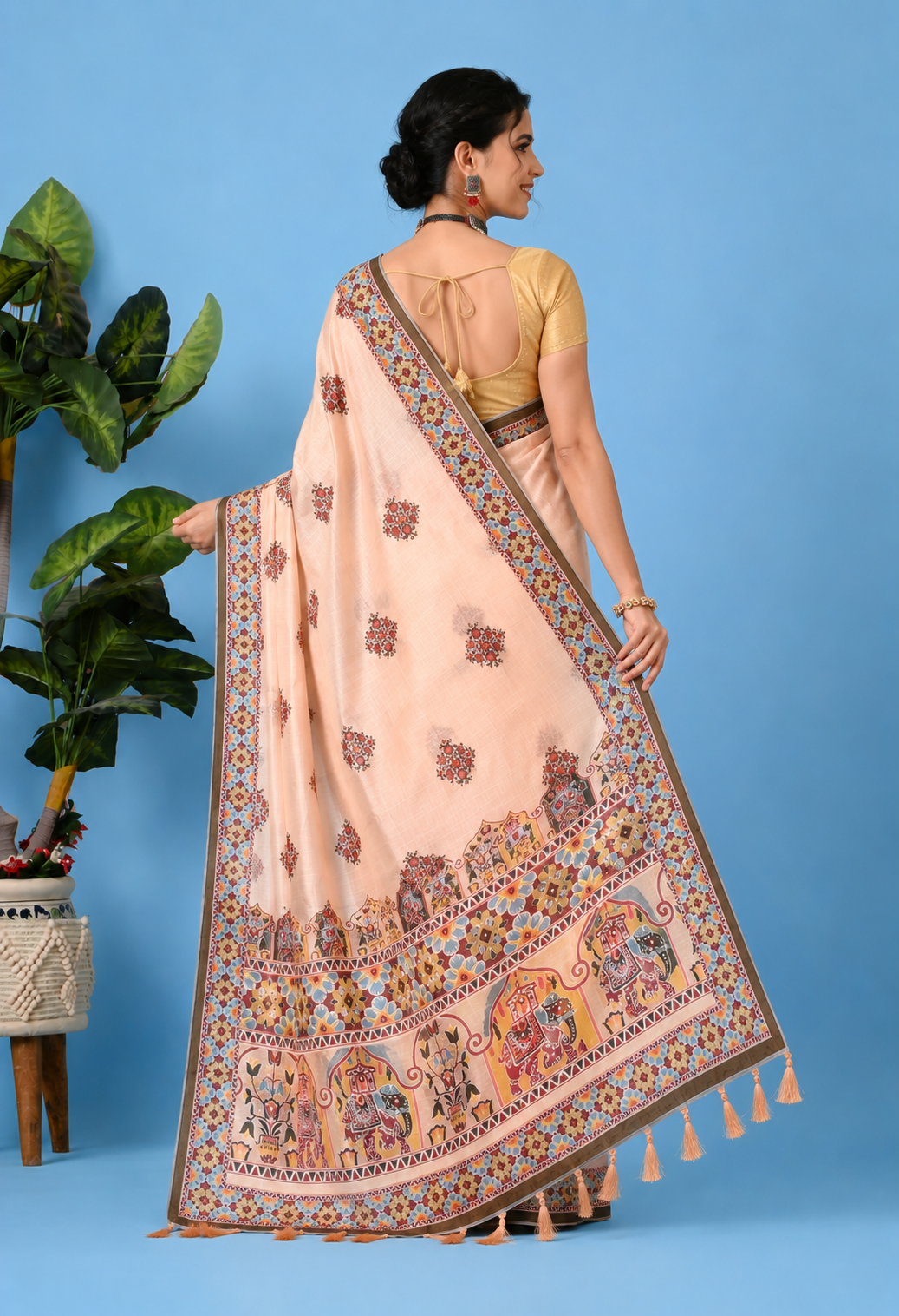 Peach Printed Cotton Saree with Traditional Elephant & Floral Border