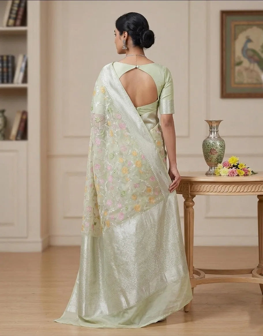 Sea Green Floral Printed Organza Saree with Silver Zari Border