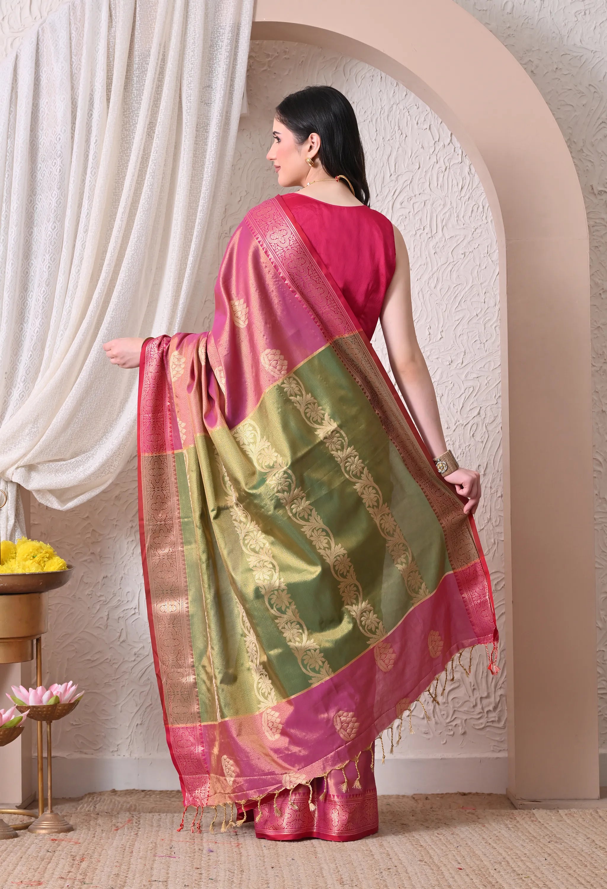 Rani Pink Silk Blend Saree with Gold Lotus Motifs and Contrast Olive Pallu