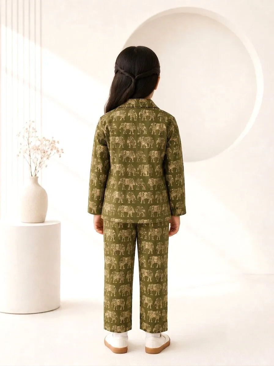 Kids Olive Green & Beige Elephant Print Cotton Lounge Set