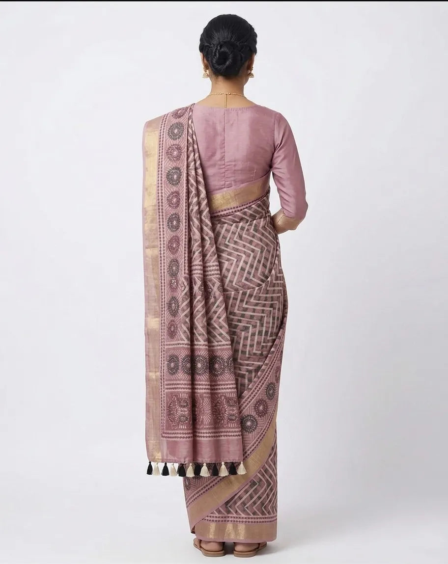 Mauve Silk Blend Geometric Printed Saree with Zari Border