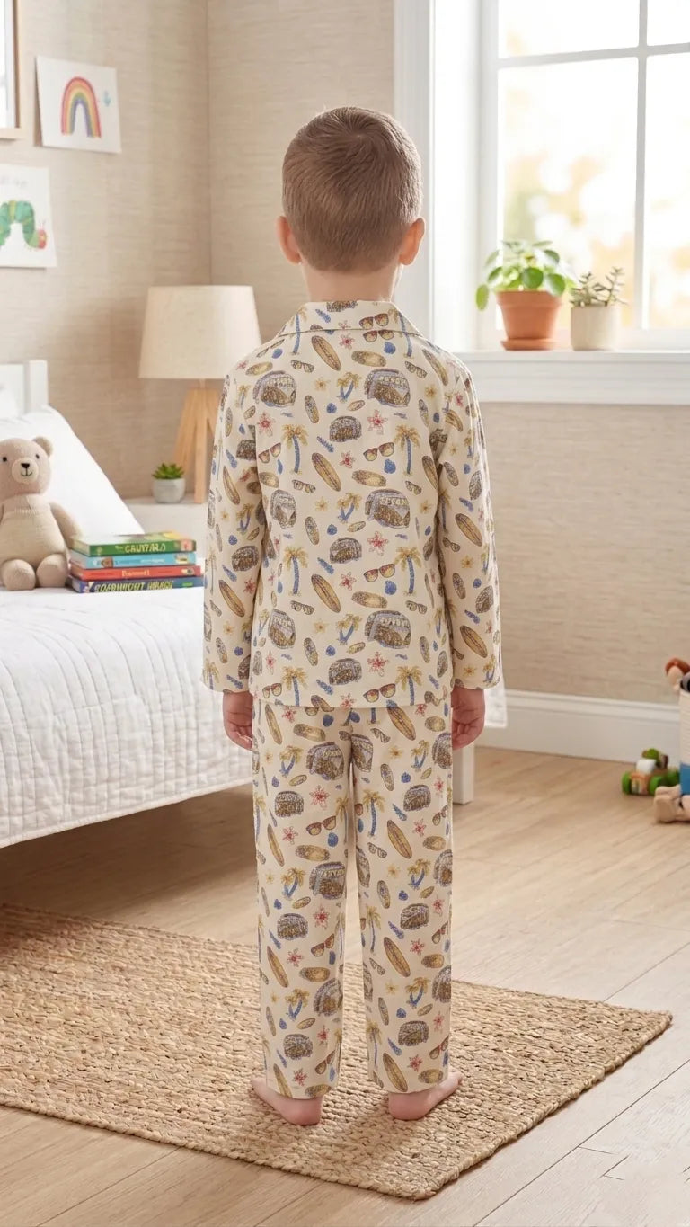Tropical Surf & Camper Print Cotton Night Suit