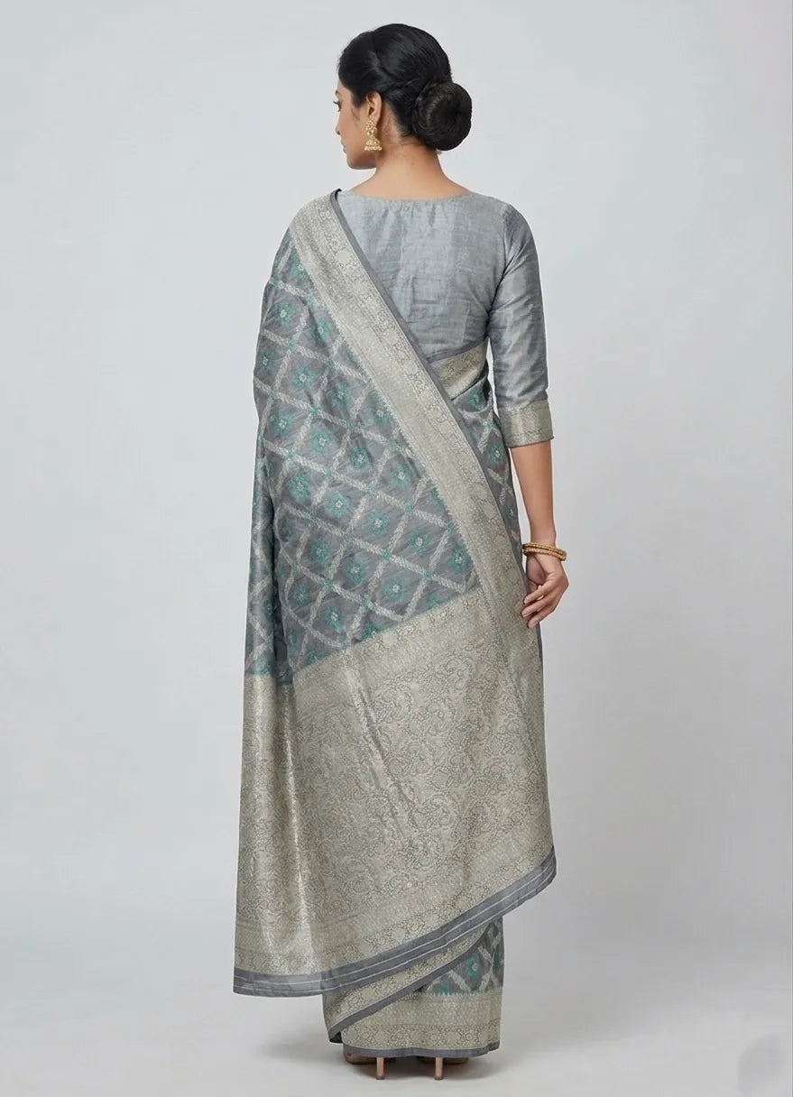 Grey Woven Design Silk Blend Banarasi Saree with Unstitched Blouse Piece