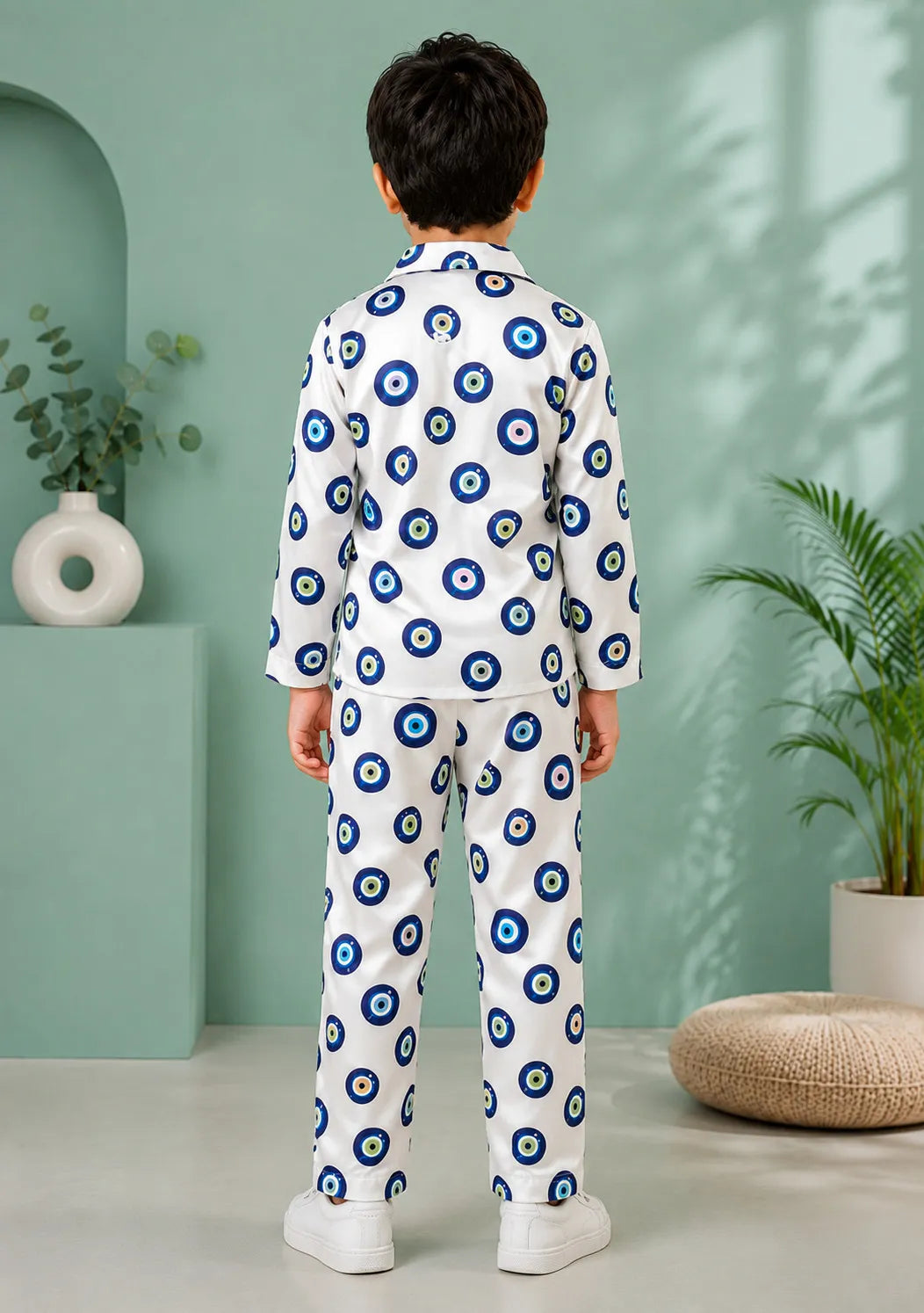 Boys' Evil Eye Printed Premium Satin Night Suit – Full Sleeve Shirt & Pajama Se