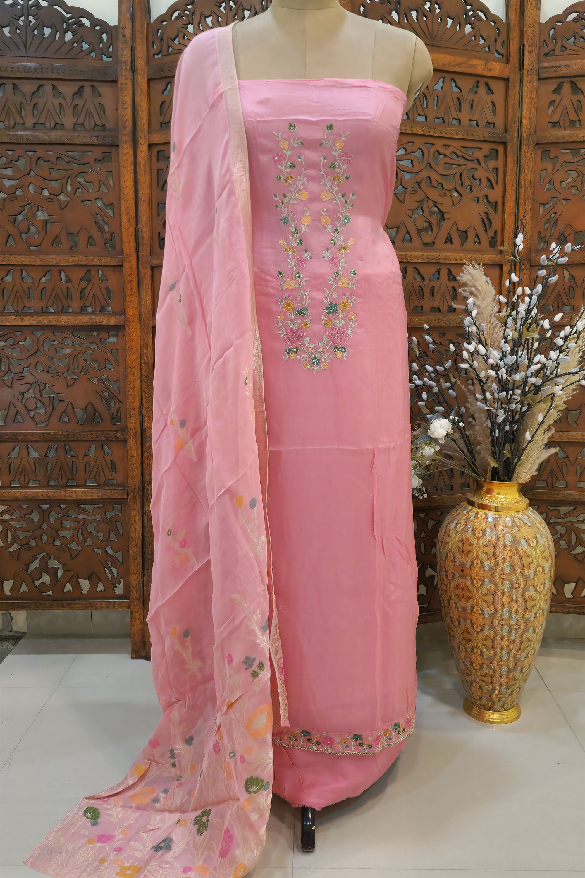 Pink Embroidered Silk Blend Unstitched Dress Material with Organza Dupatta