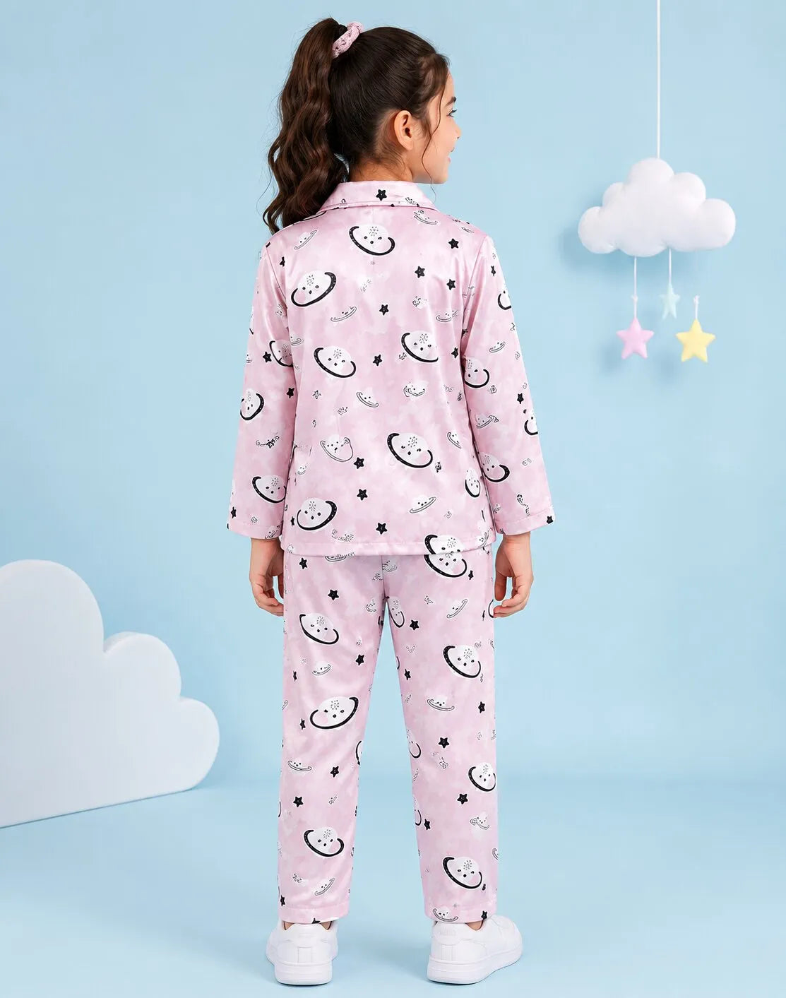 Girls Pink Celestial Printed Satin Night Suit Set