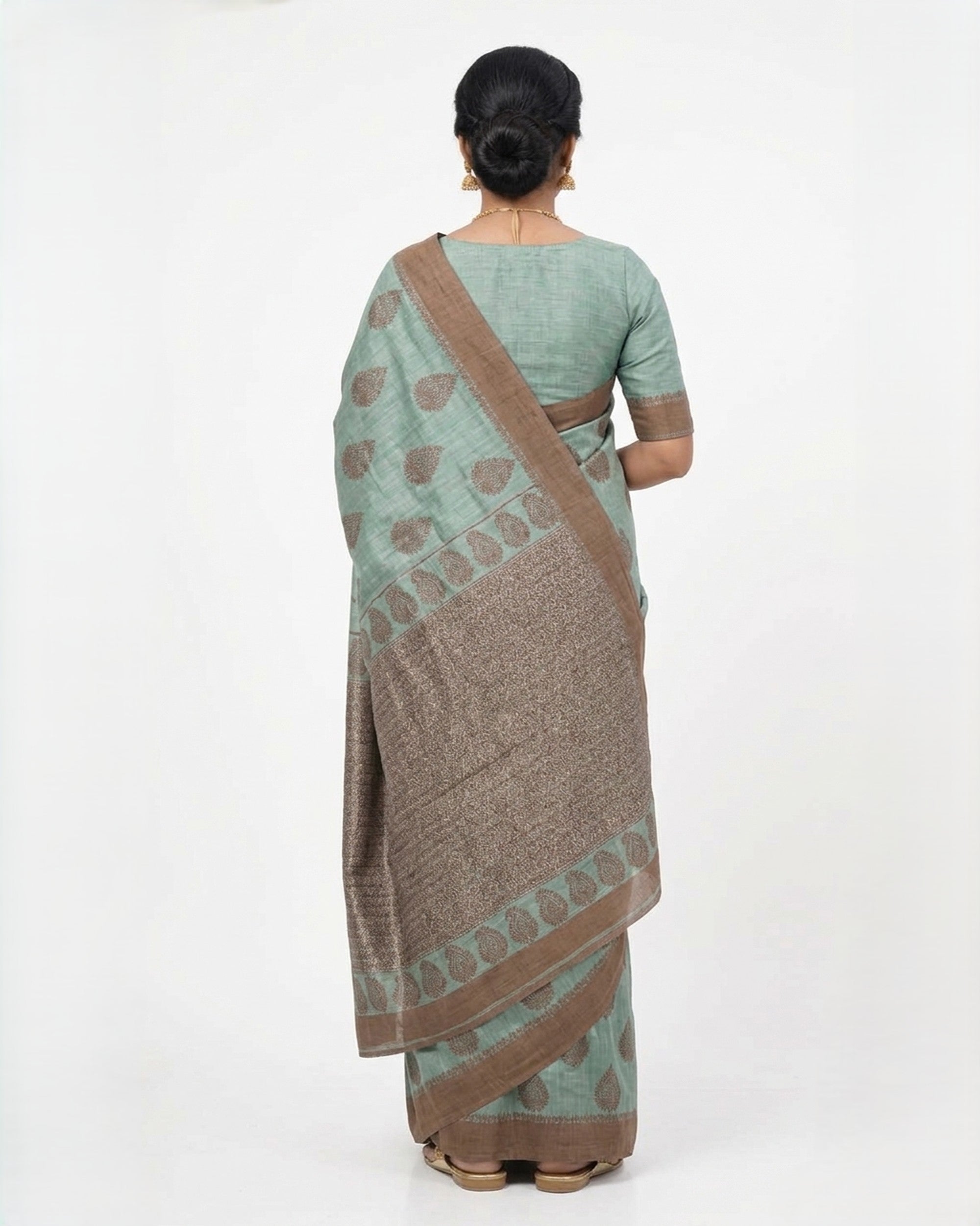 Sea Green & Brown Cotton Silk Woven Design Paisley Saree