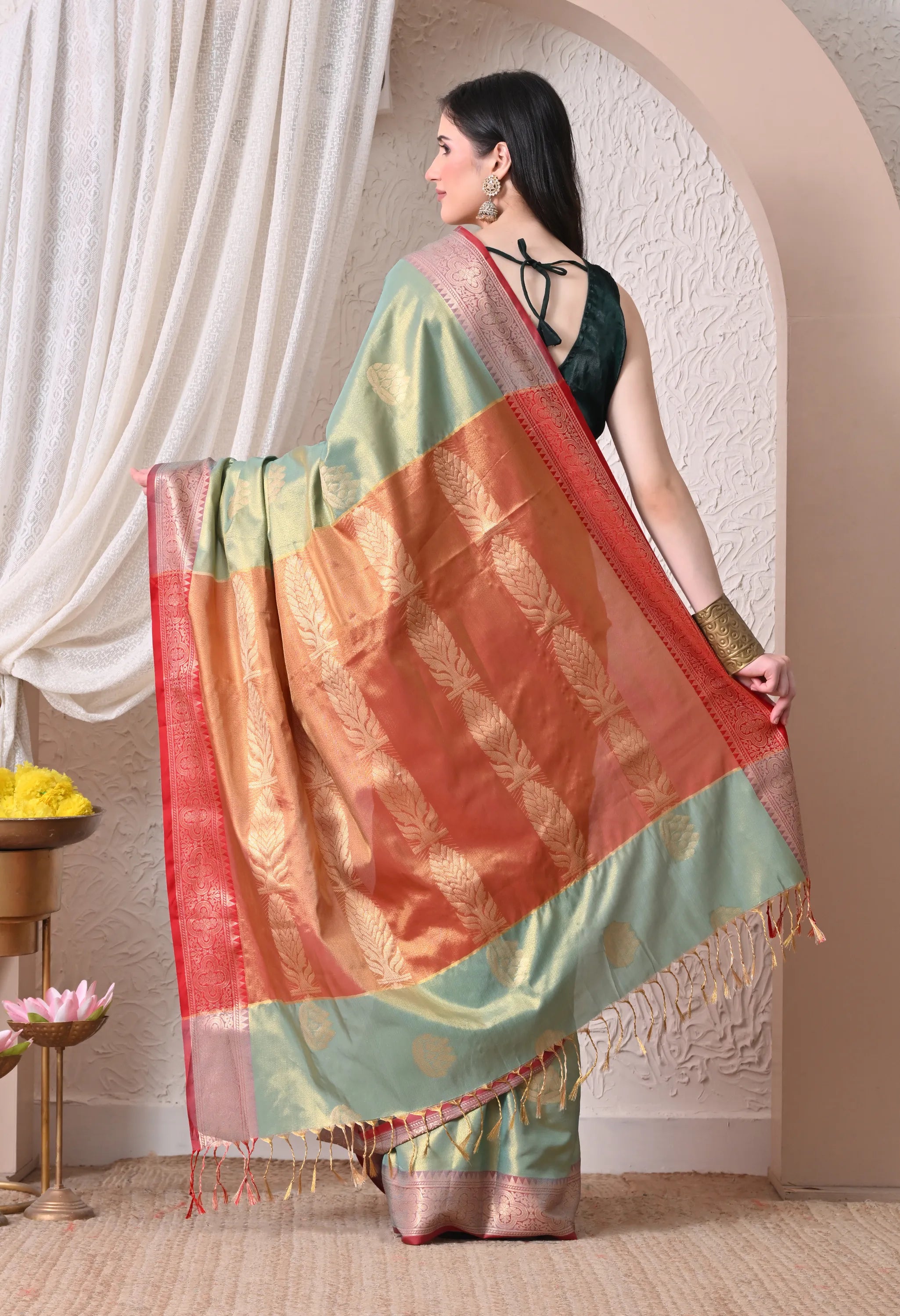 Pastel Sage Green & Rust Red Silk Blend Banarasi Saree with Lotus Butis