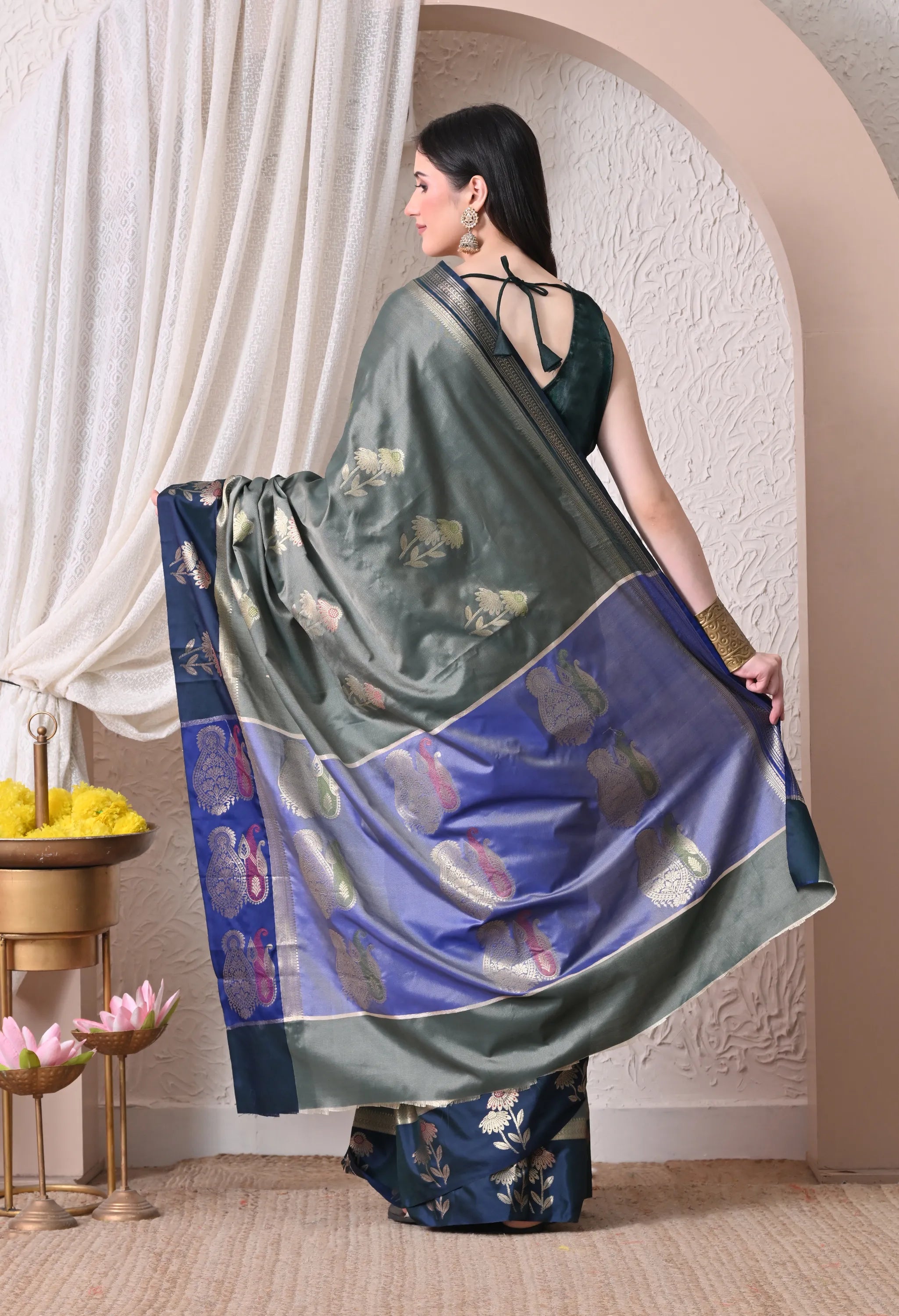 Contemporary Olive Grey and Navy Blue Silk Blend Saree