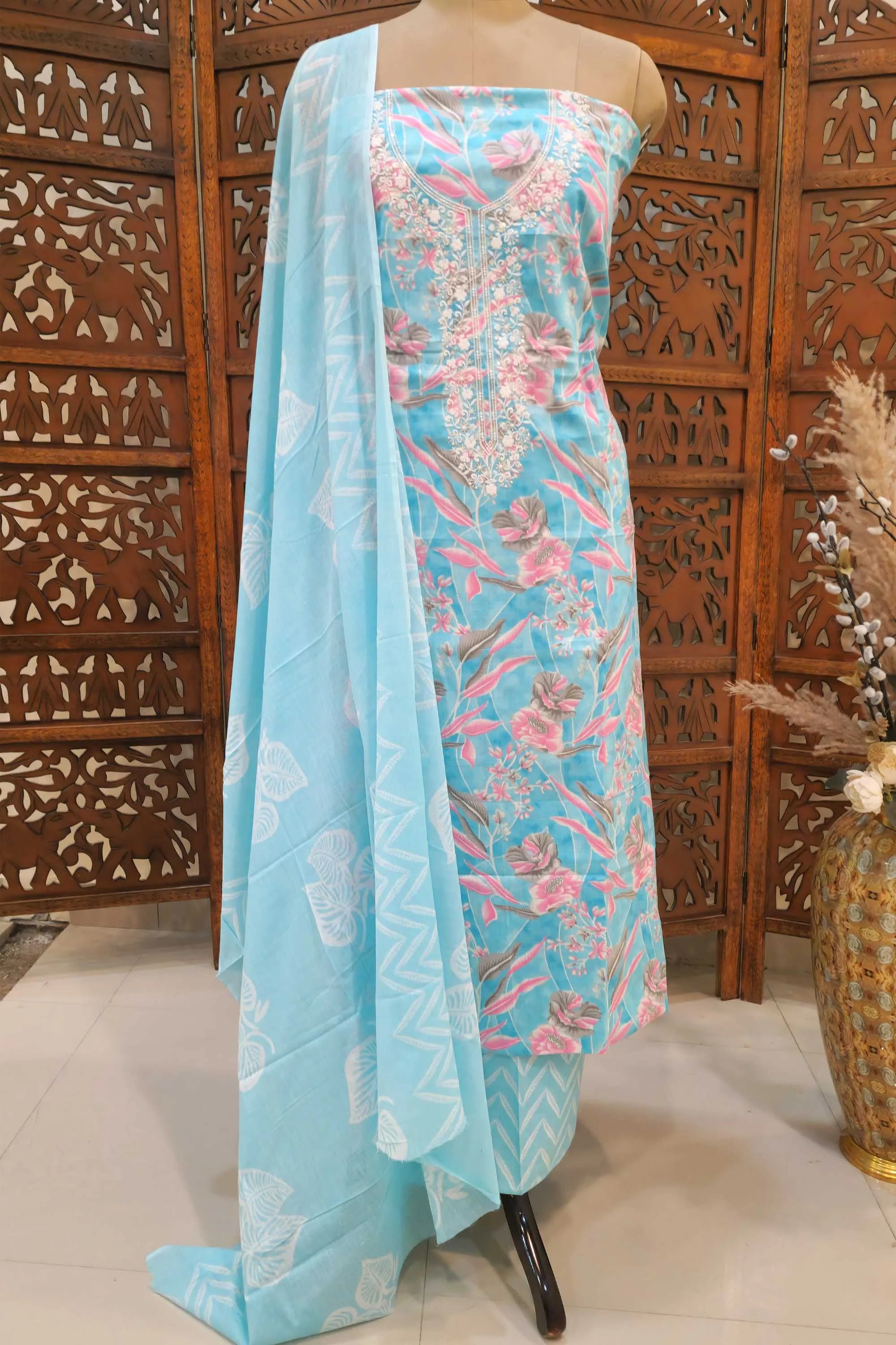 Women Sky Blue & Pink Floral Printed Pure Cotton Unstitched Dress Material with Embroidered Neckline