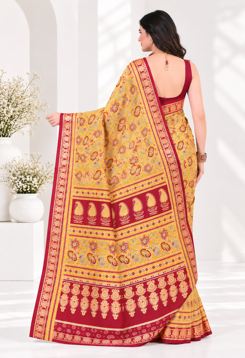 Elegant Mustard Yellow Printed Saree with Maroon Traditional Border